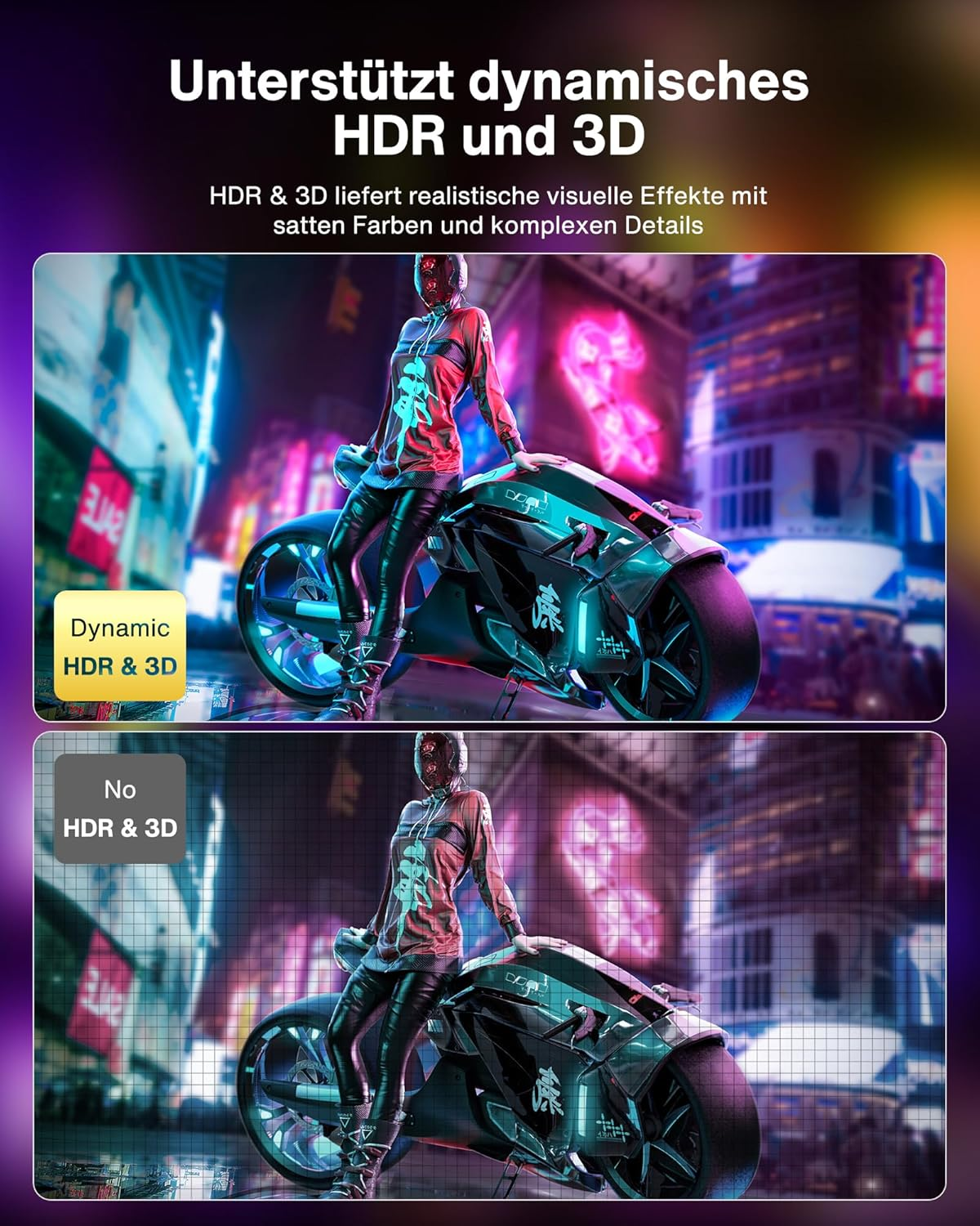 Dynamisches HDR & 3D: Frau auf Motorrad, neonbeleuchtete Stadt.