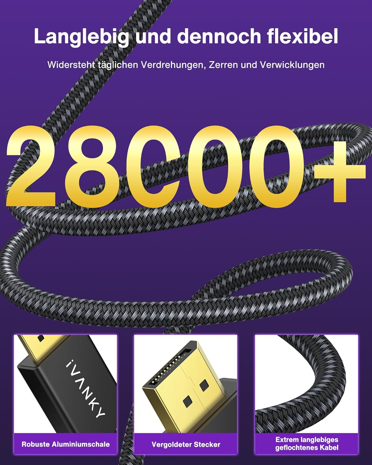 Ein schwarzes, geflochtenes Kabel mit der Zahl 28000+ auf lila Hintergrund.