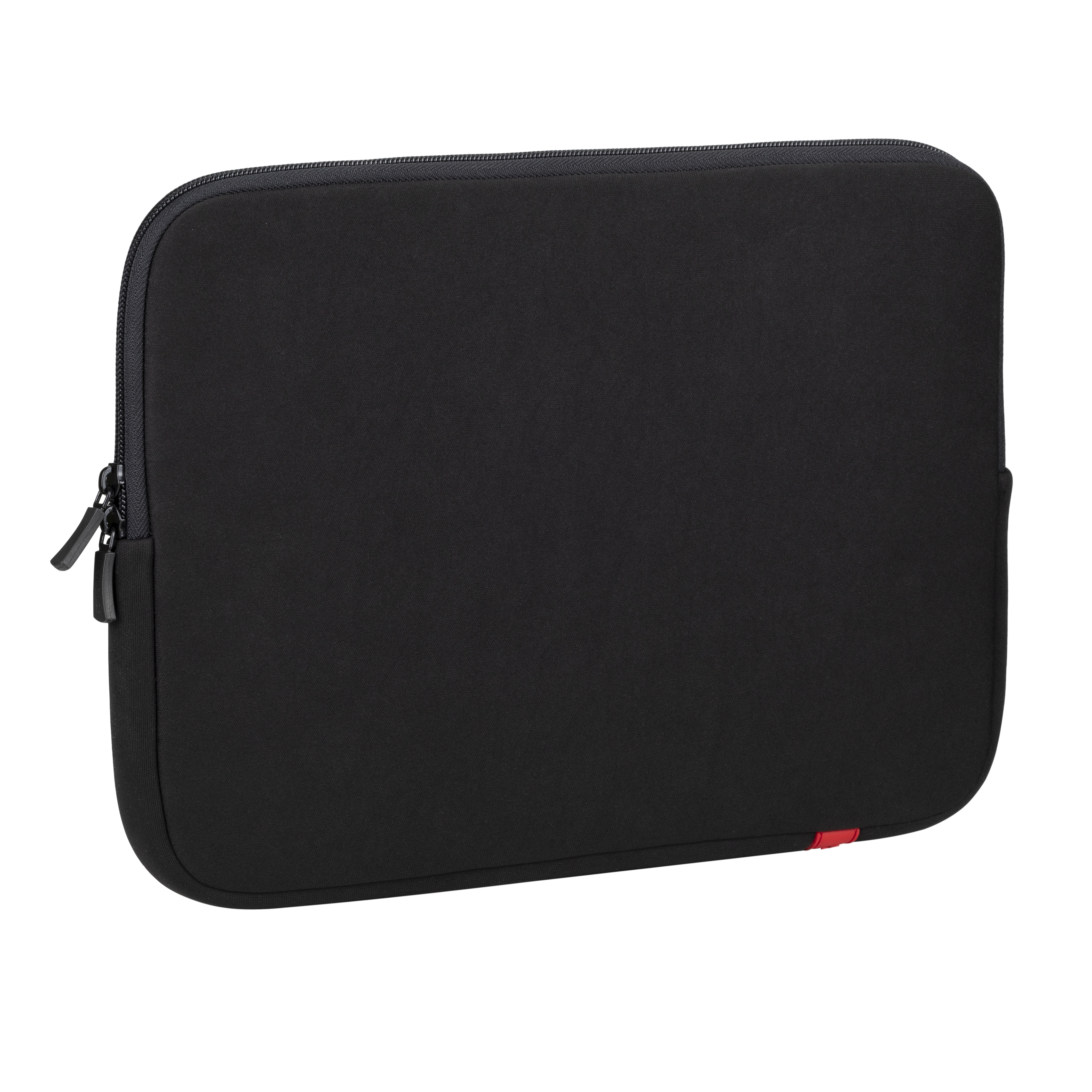 Schwarze Laptoptasche mit Reißverschluss und rotem Akzent.