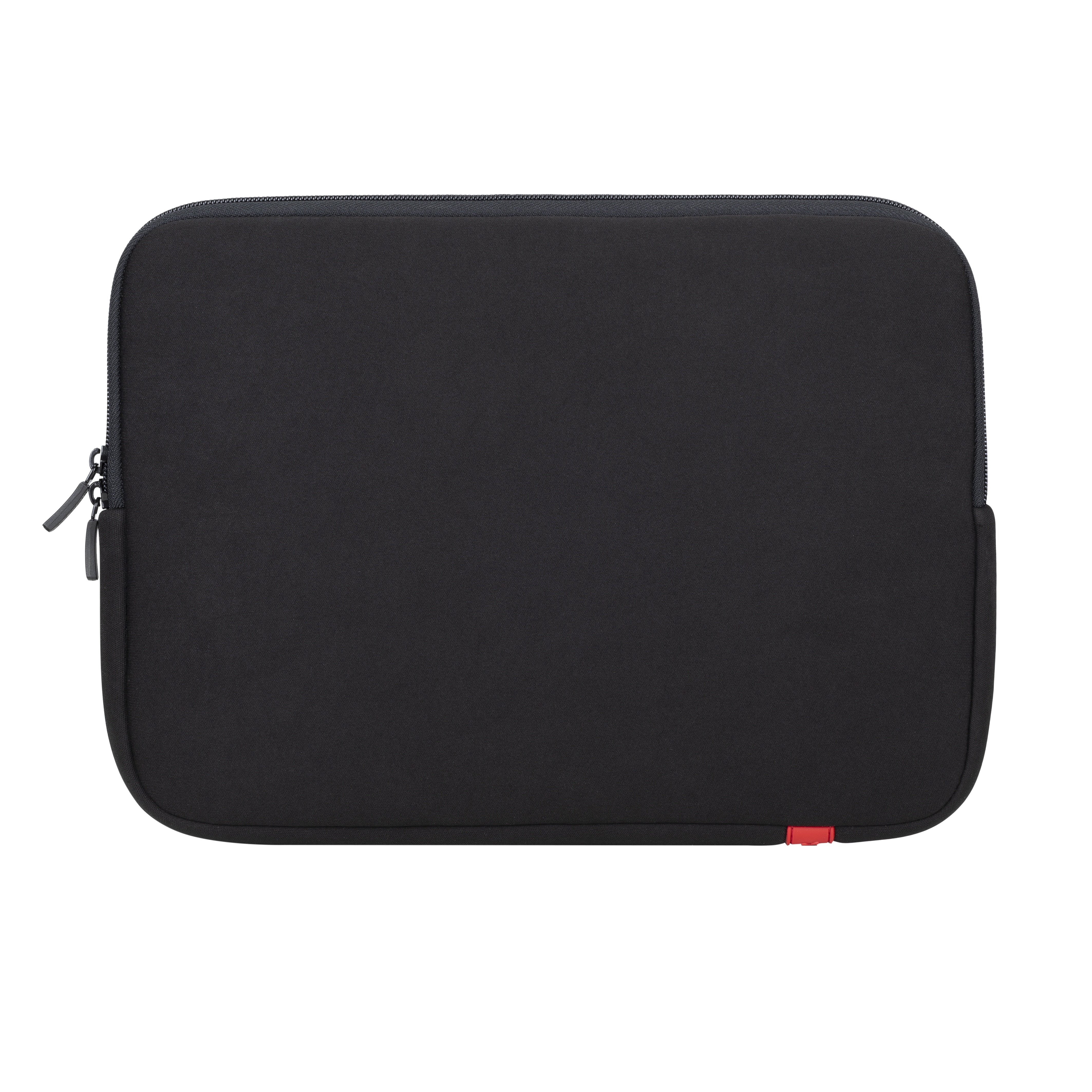 Schwarze Laptoptasche mit Reißverschluss und rotem Detail.