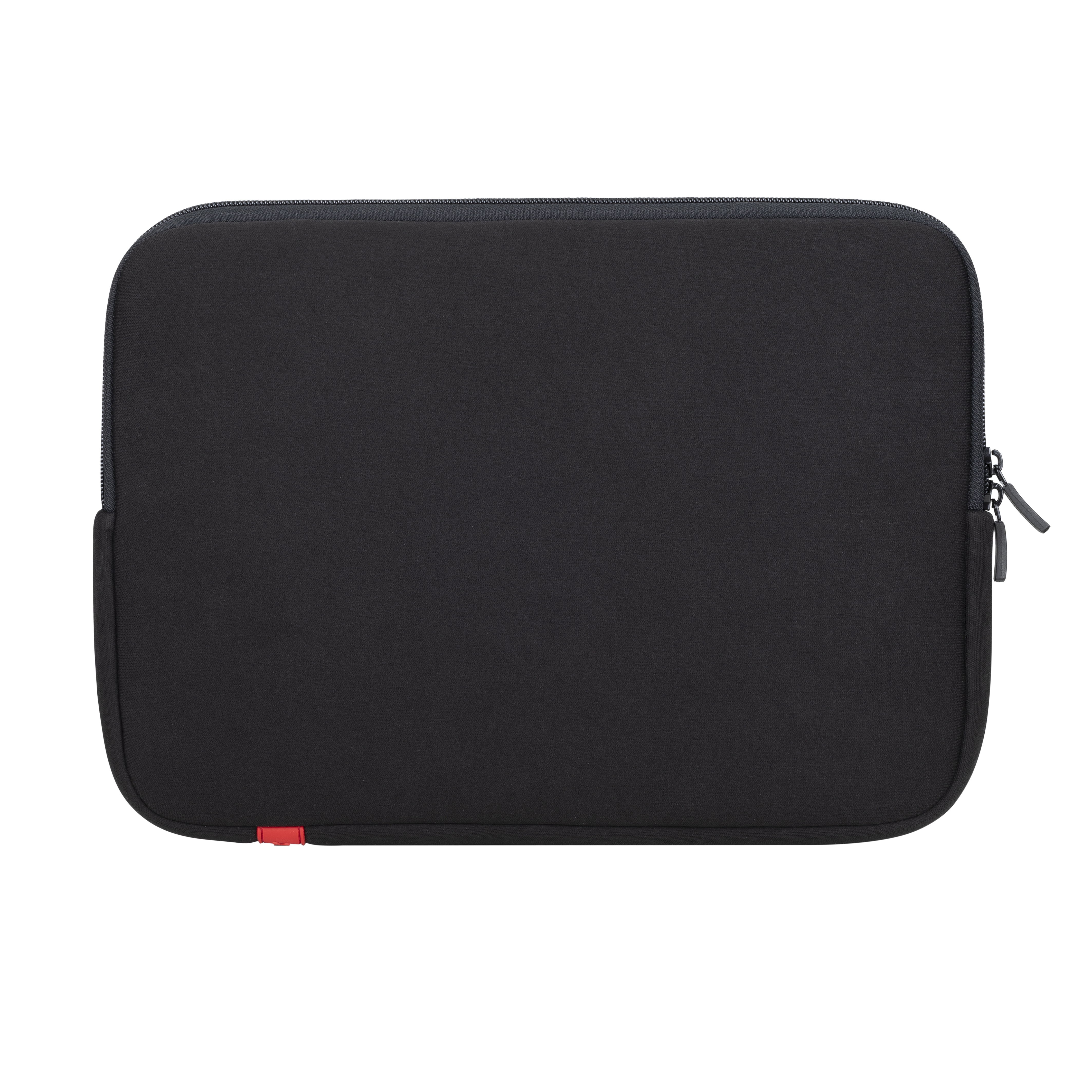 Schwarze Laptoptasche mit Reißverschluss und rotem Detail.