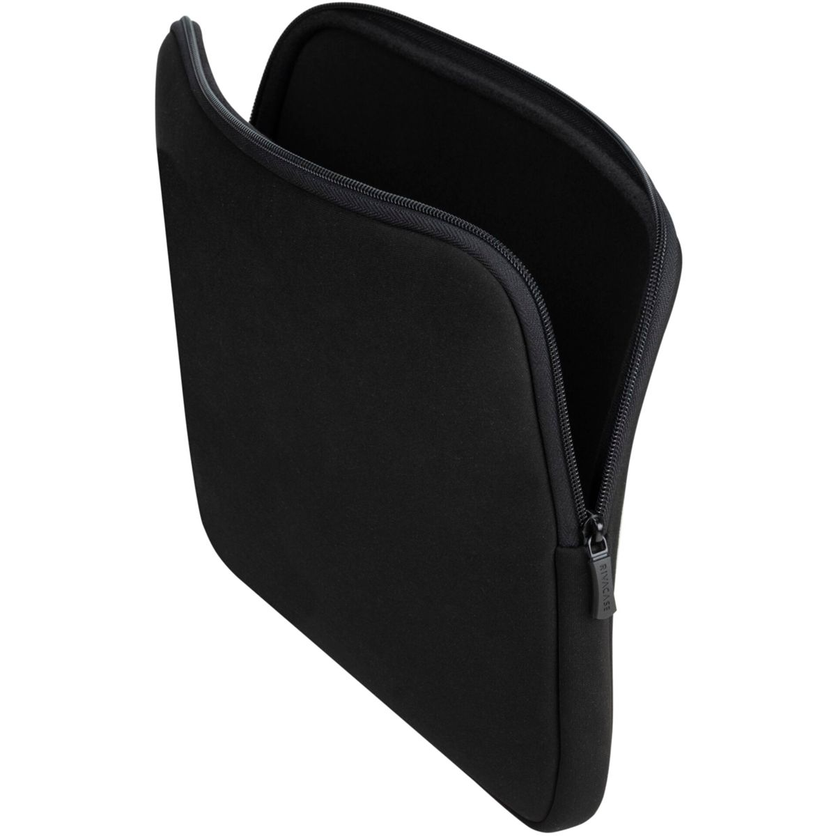 Schwarze Laptoptasche aus Neopren mit geöffnetem Reißverschluss.