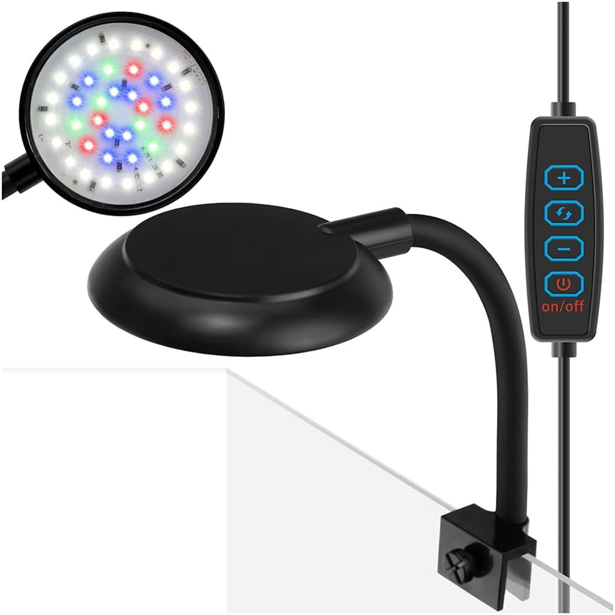 Schwarze LED-Pflanzenlampe mit verstellbarem Arm und Klemmfuß.