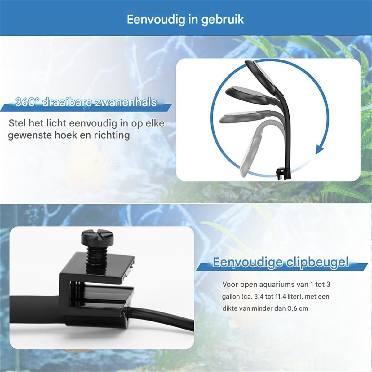 Eine Schwanenhalslampe und eine Klemme für Aquarien. Leicht verstellbar und für offene Aquarien.