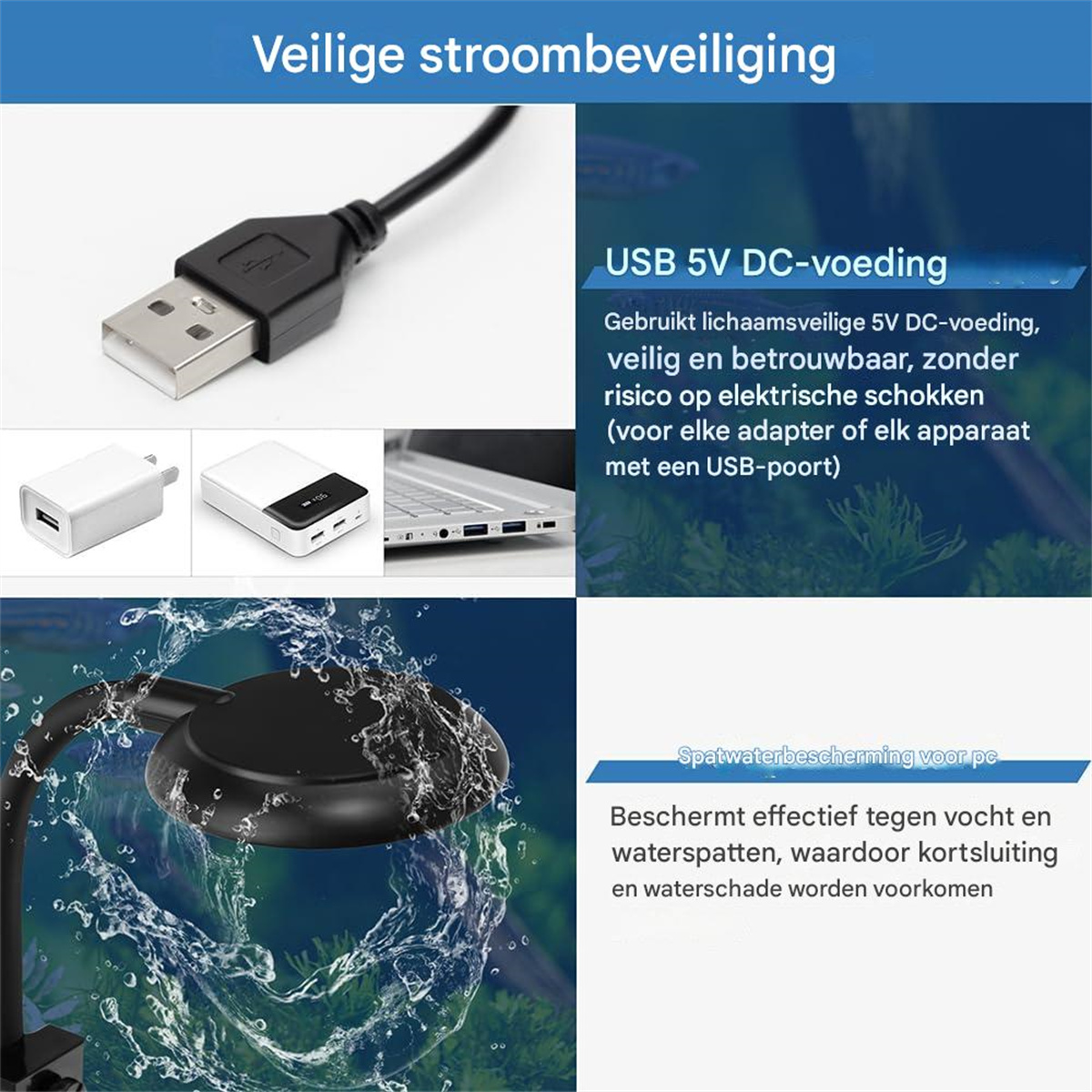 USB-Netzteil, spritzwassergeschützter Lampenkopf, Laptop.