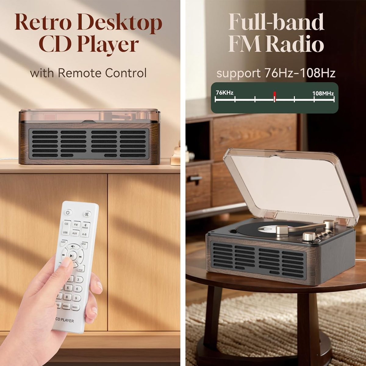 Retro CD-Player mit Fernbedienung und FM-Radio auf einem Tisch.