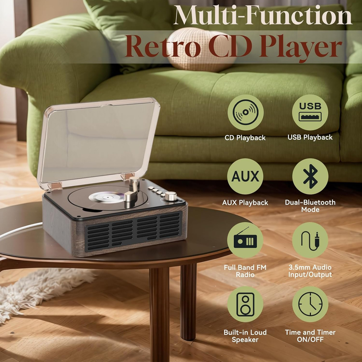 Retro-CD-Player auf einem Tisch, mit Symbolen für CD, USB, AUX, Bluetooth, UKW-Radio, Lautsprecher, Timer.