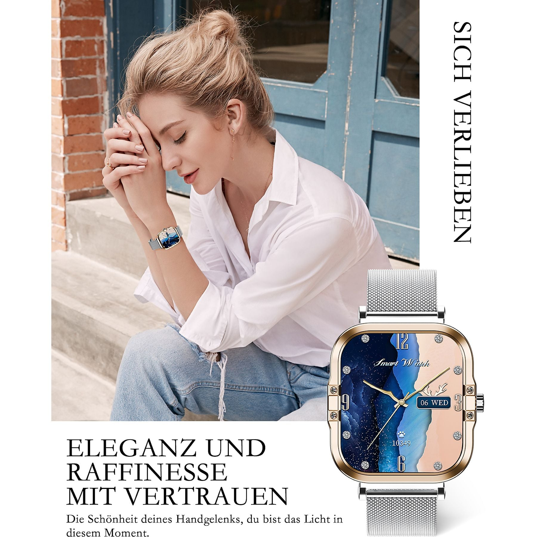 Frau mit Smartwatch sitzt auf einer Treppe, Armbanduhr mit Sternenmotiv.