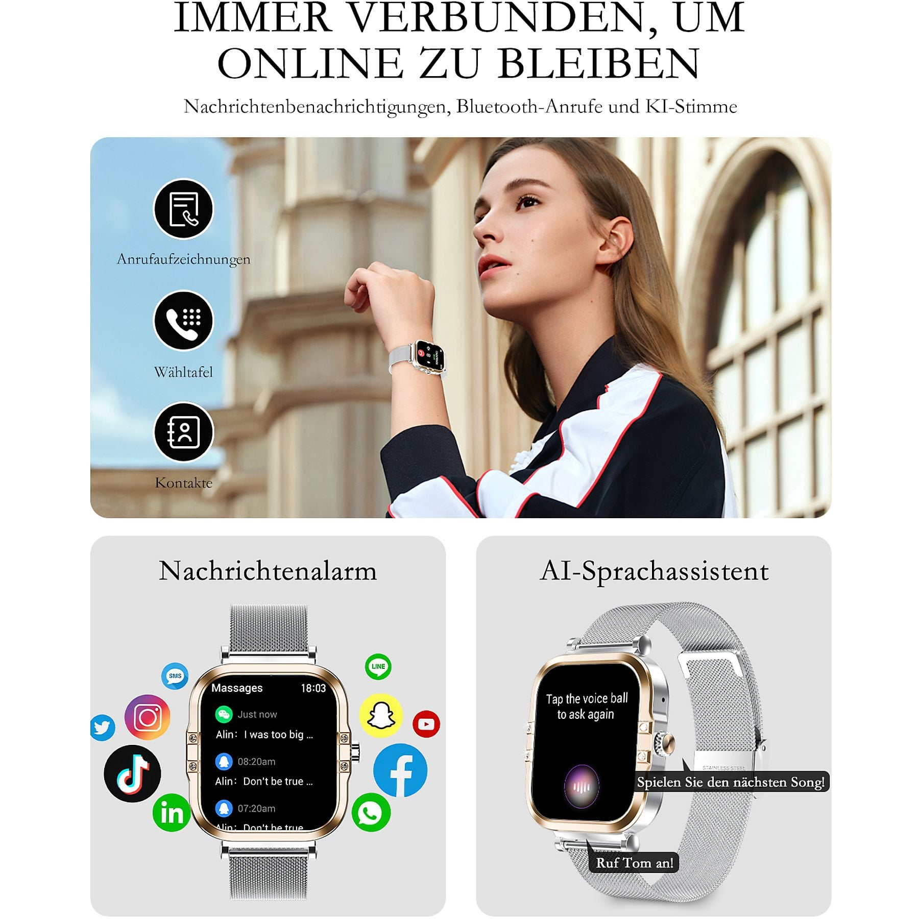 Eine Frau trägt eine Smartwatch mit Benachrichtigungen und KI-Assistent.