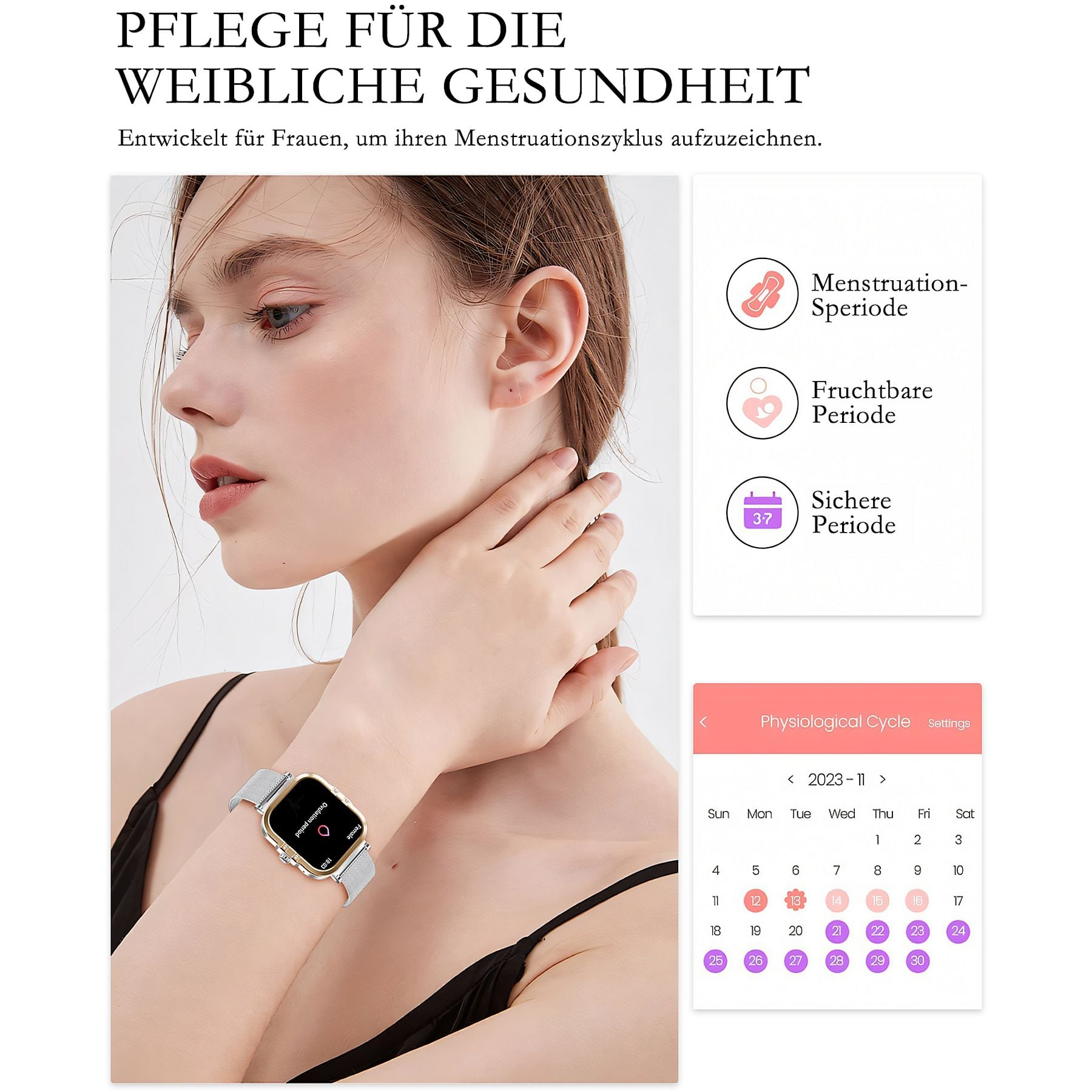 Frau mit Smartwatch und Kalenderansicht, die den Menstruationszyklus zeigt.