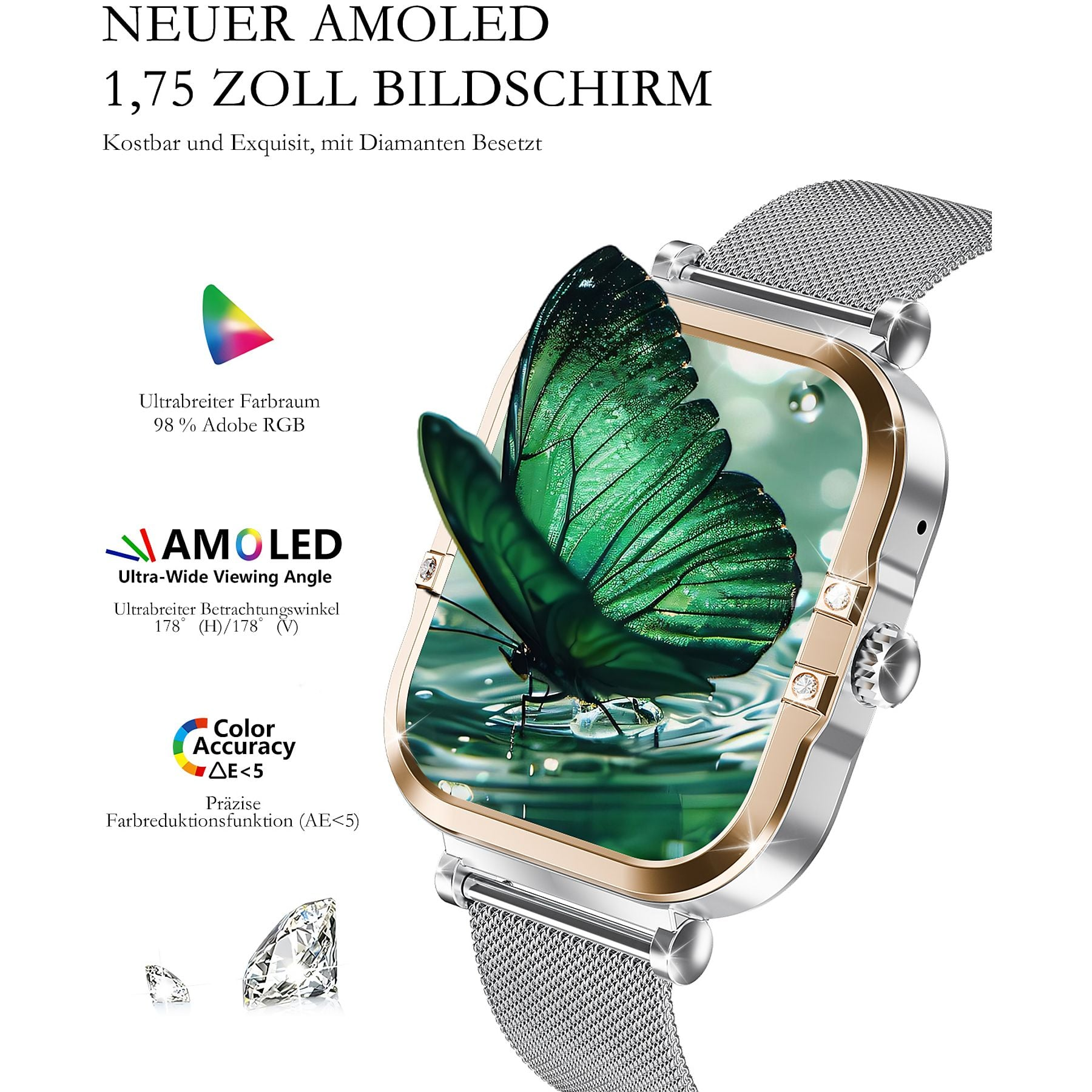 Silbernes Smartwatch-Armband mit einem AMOLED-Bildschirm, der einen grünen Schmetterling zeigt.