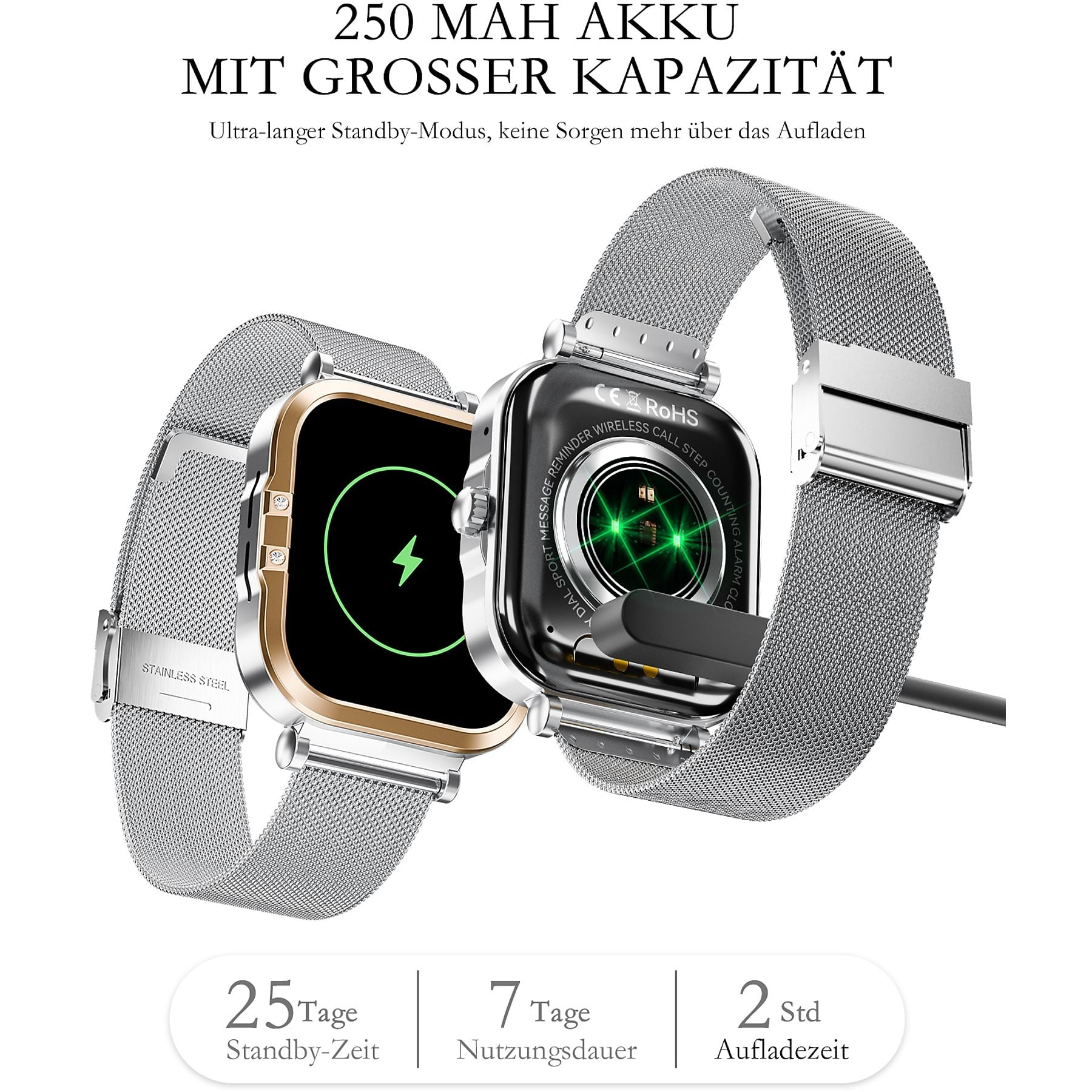 Ein silbernes Smartwatch mit goldenem Rand und Ladeanschluss.