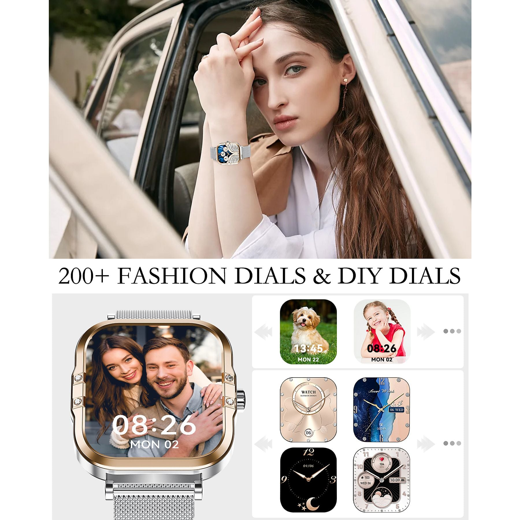 Eine Frau in einem Auto mit einer Smartwatch, die verschiedene Zifferblätter zeigt.