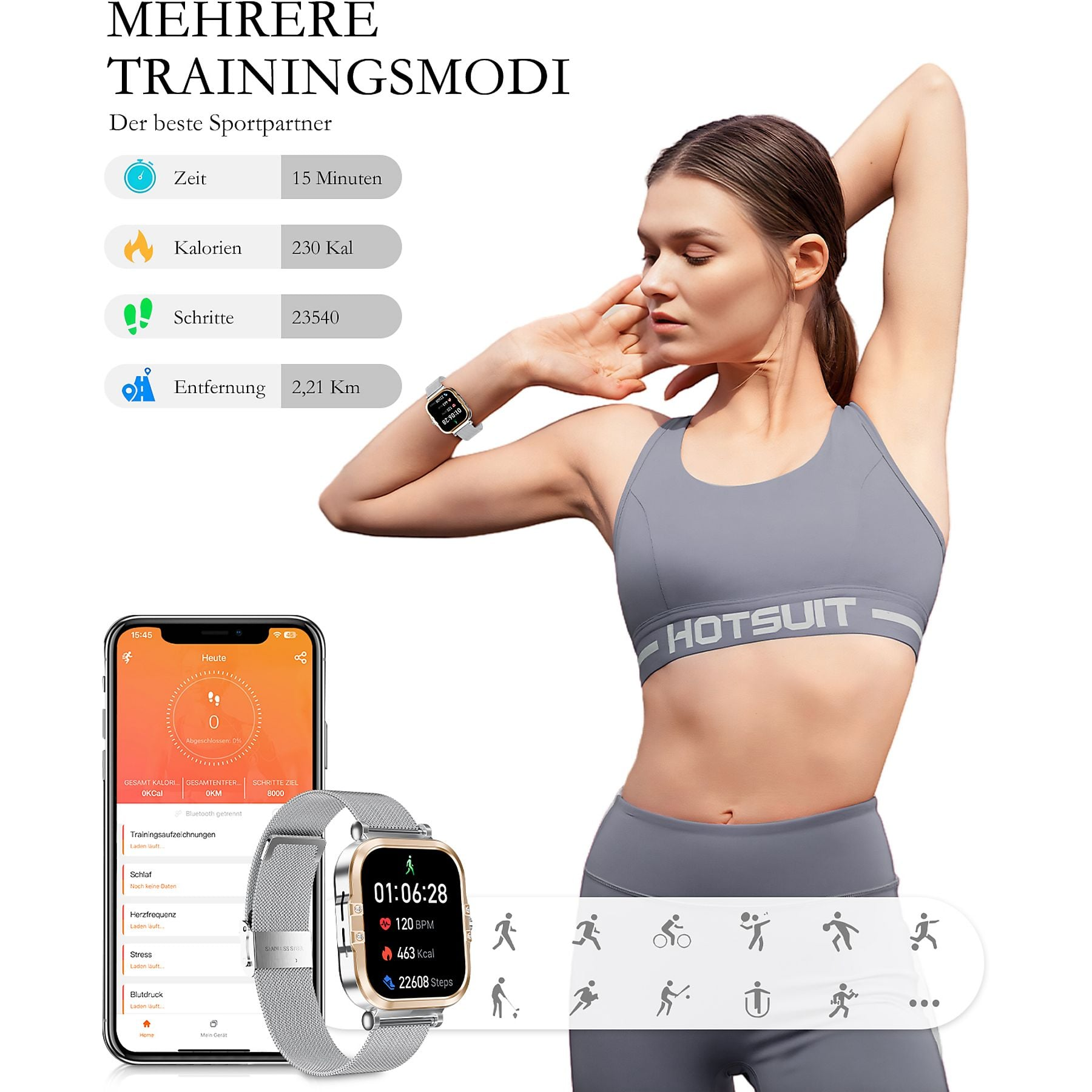 Eine Frau im Sport-BH mit Smartwatch und Handy, die Trainingsdaten zeigt.