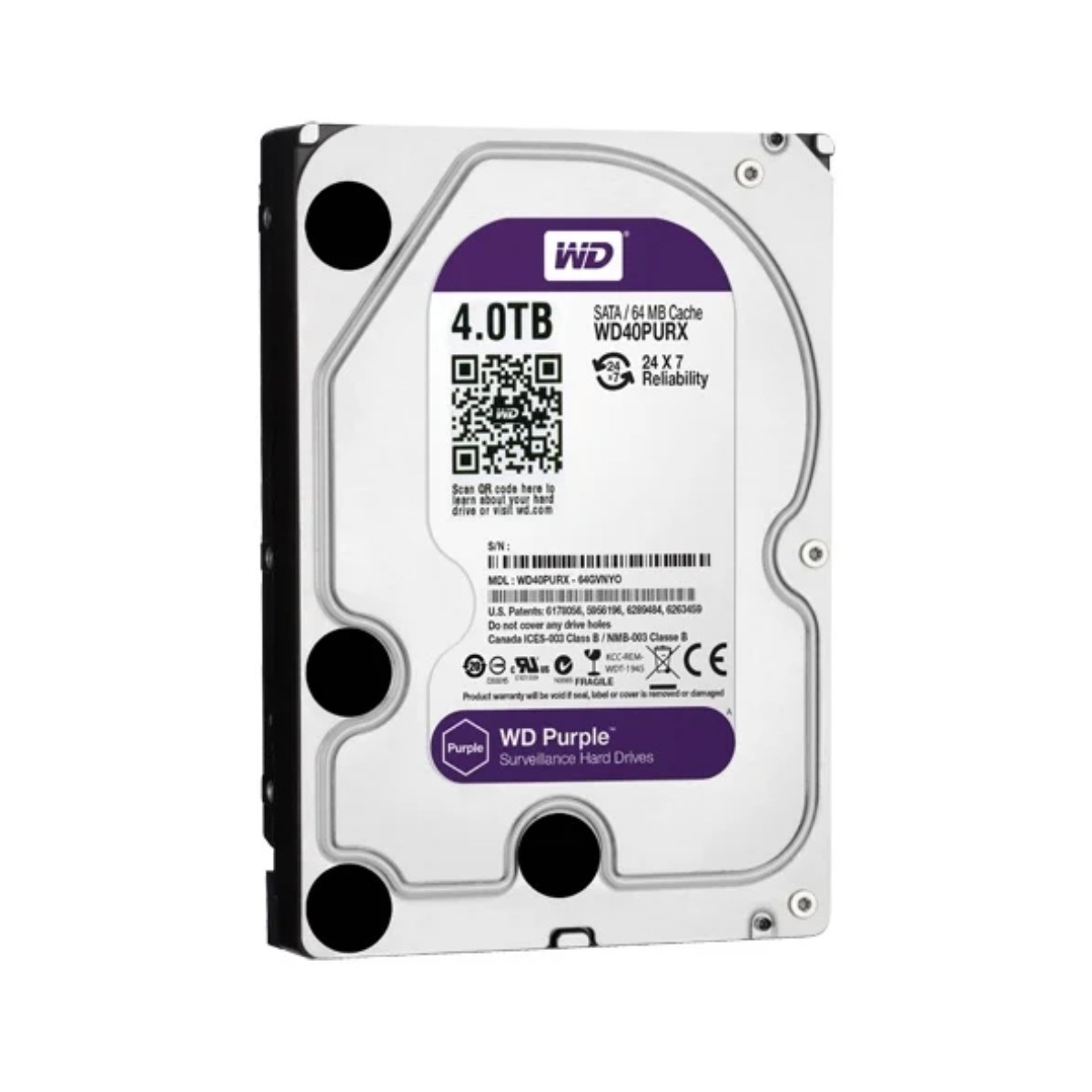 Hard disk WD Purple da 4TB con scocca argentata ed etichetta viola.