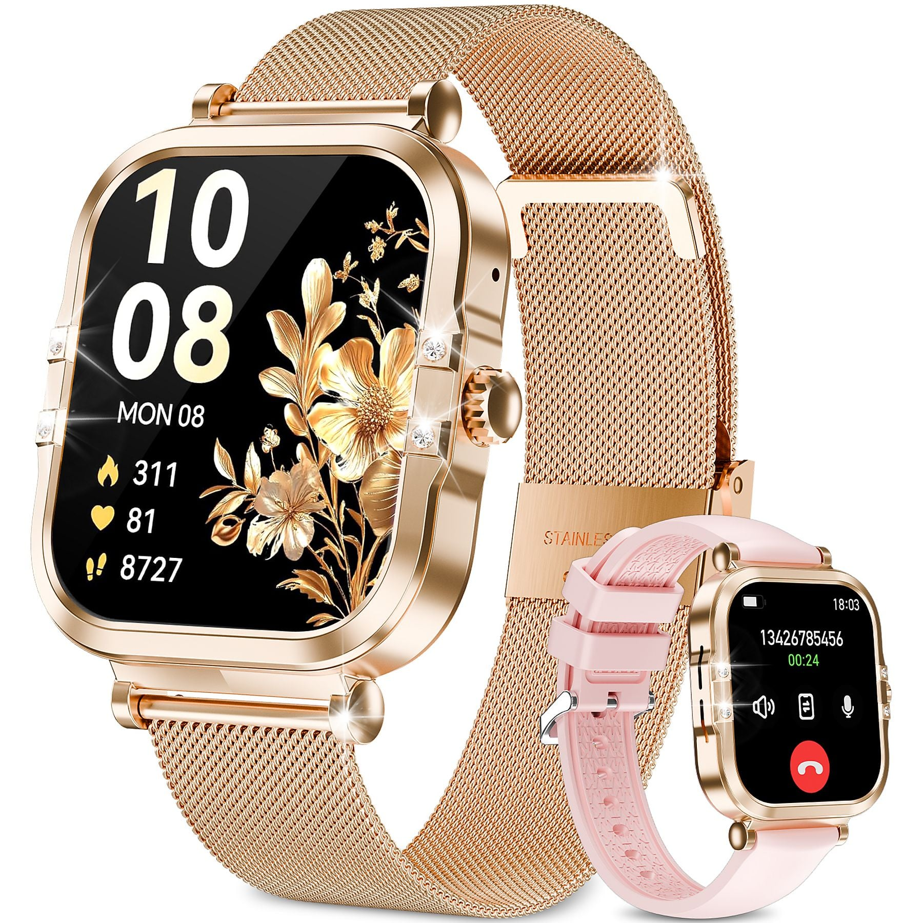 Zwei Roségold-Smartwatches. Eine große mit Blumenanzeige, eine kleine zeigt einen Anruf.
