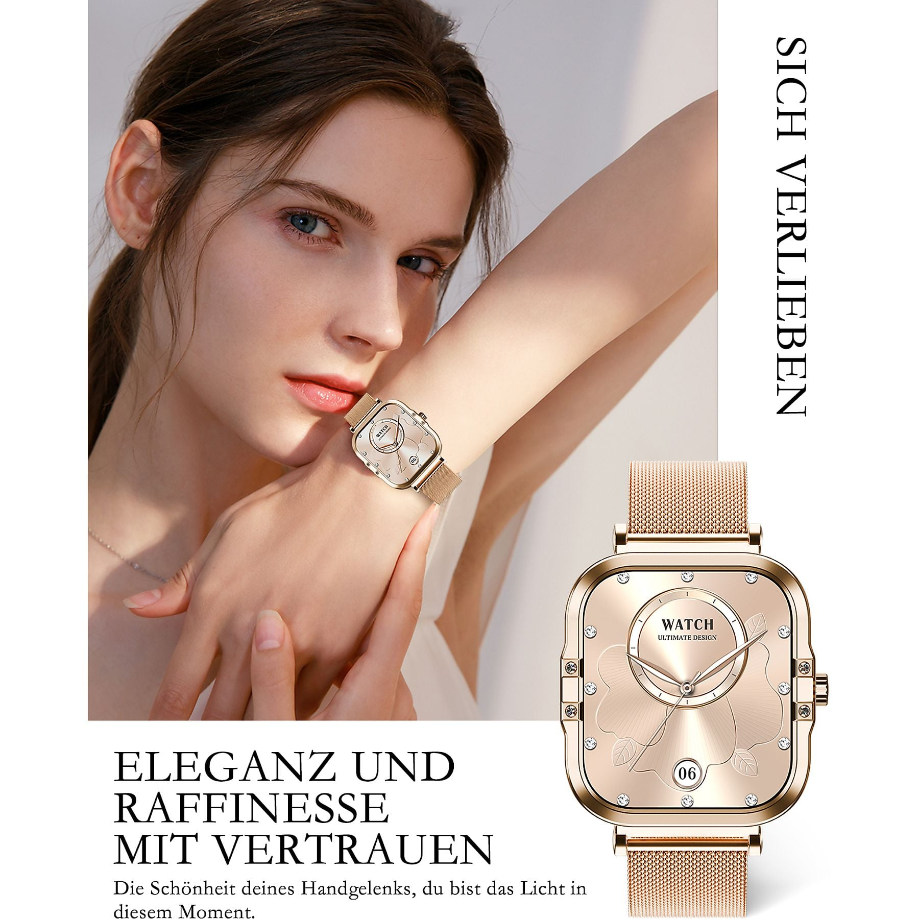 Eine Frau mit einem roségoldenen Armbanduhr mit eckigem Zifferblatt.