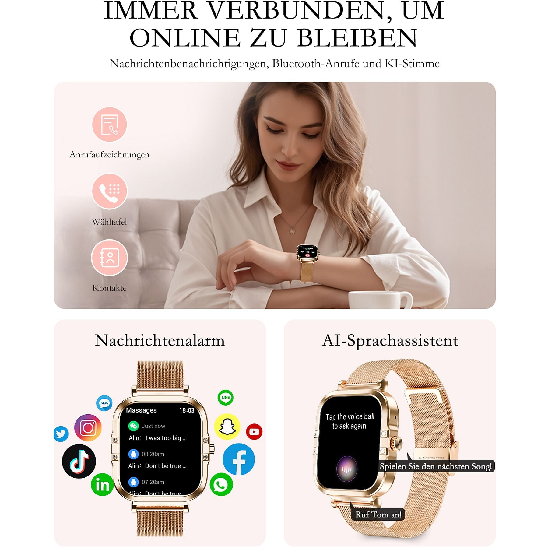 Frau mit Smartwatch, die Benachrichtigungen, Anrufe und Musikwiedergabe anzeigt.