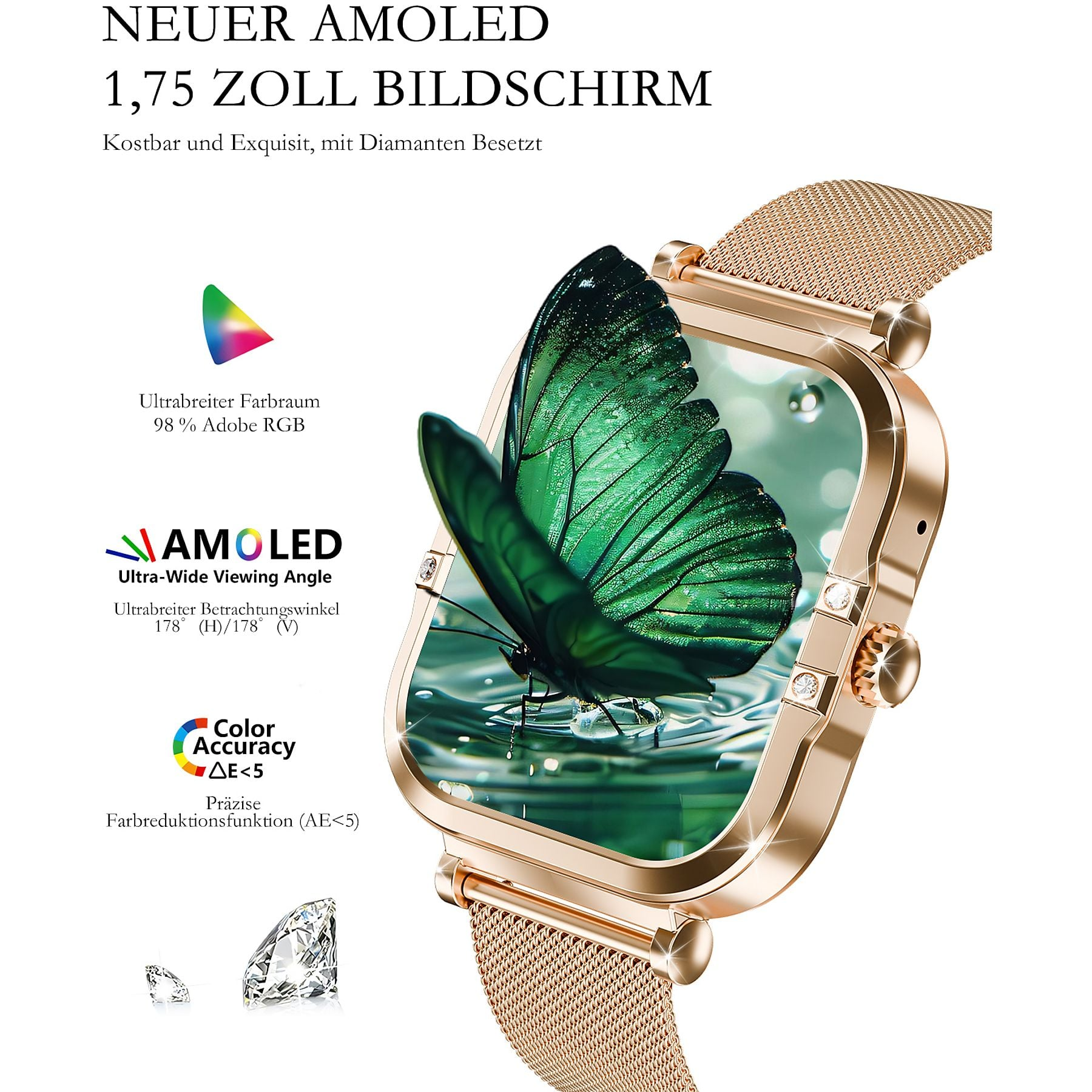 Goldene Smartwatch mit AMOLED-Display zeigt eine grüne Schmetterlingsgrafik.