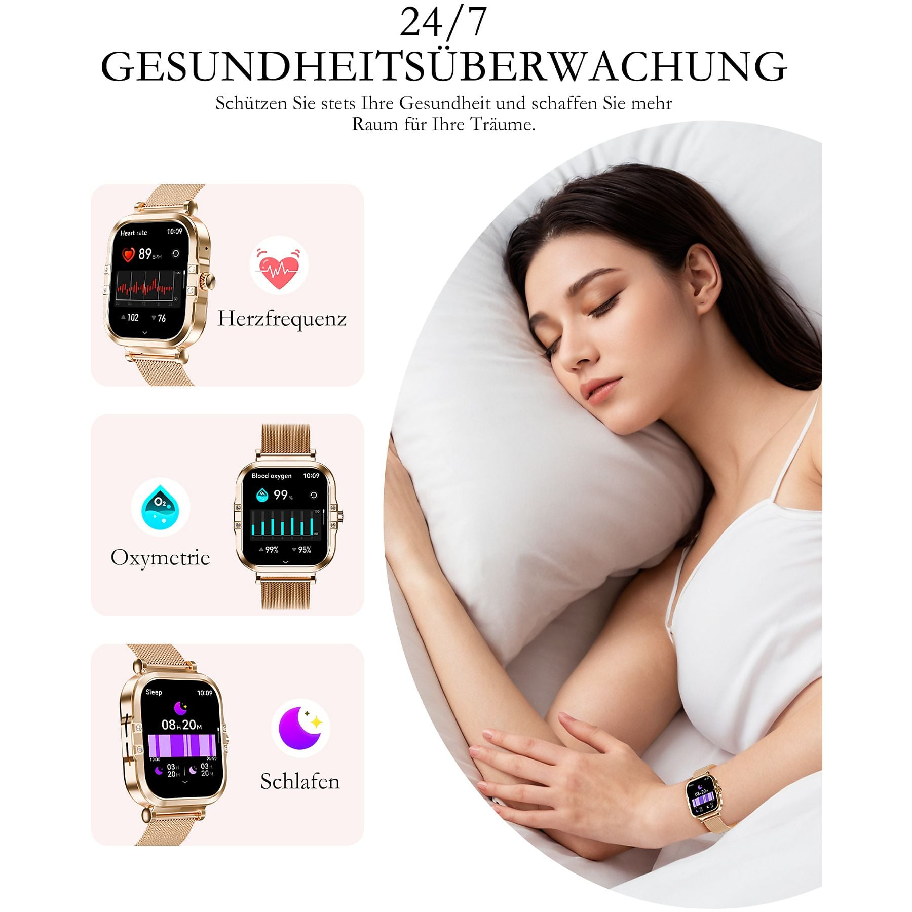 Frau schläft; Uhr zeigt Herzfrequenz, Blutsauerstoff und Schlafdaten.