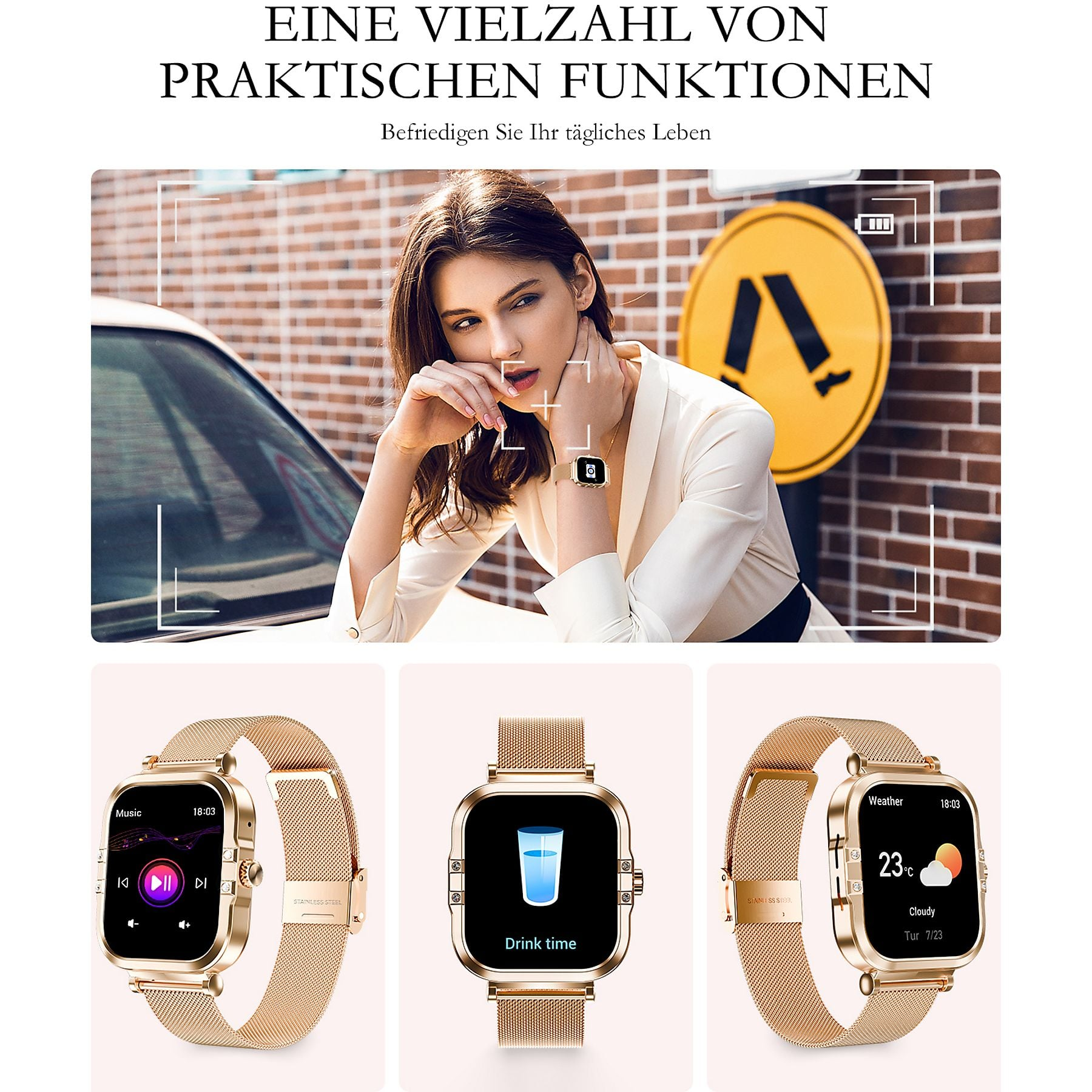 Eine Frau mit einem Smartwatch, daneben drei Nahaufnahmen der Uhr.