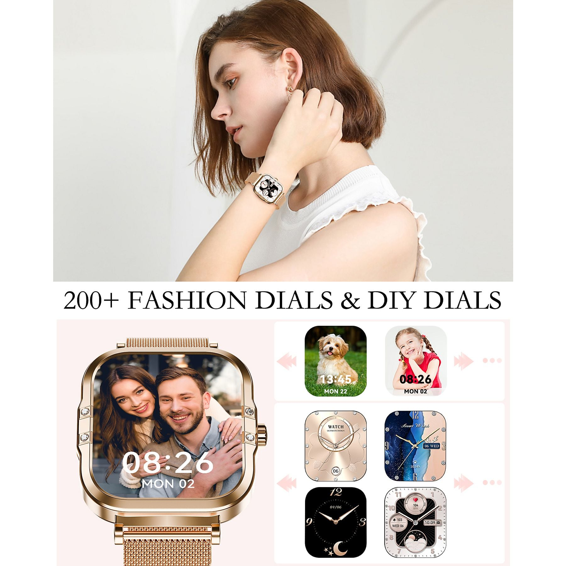Eine Frau trägt eine Smartwatch mit einem Paar-Foto-Zifferblatt. Mehrere Zifferblatt-Optionen sind zu sehen.