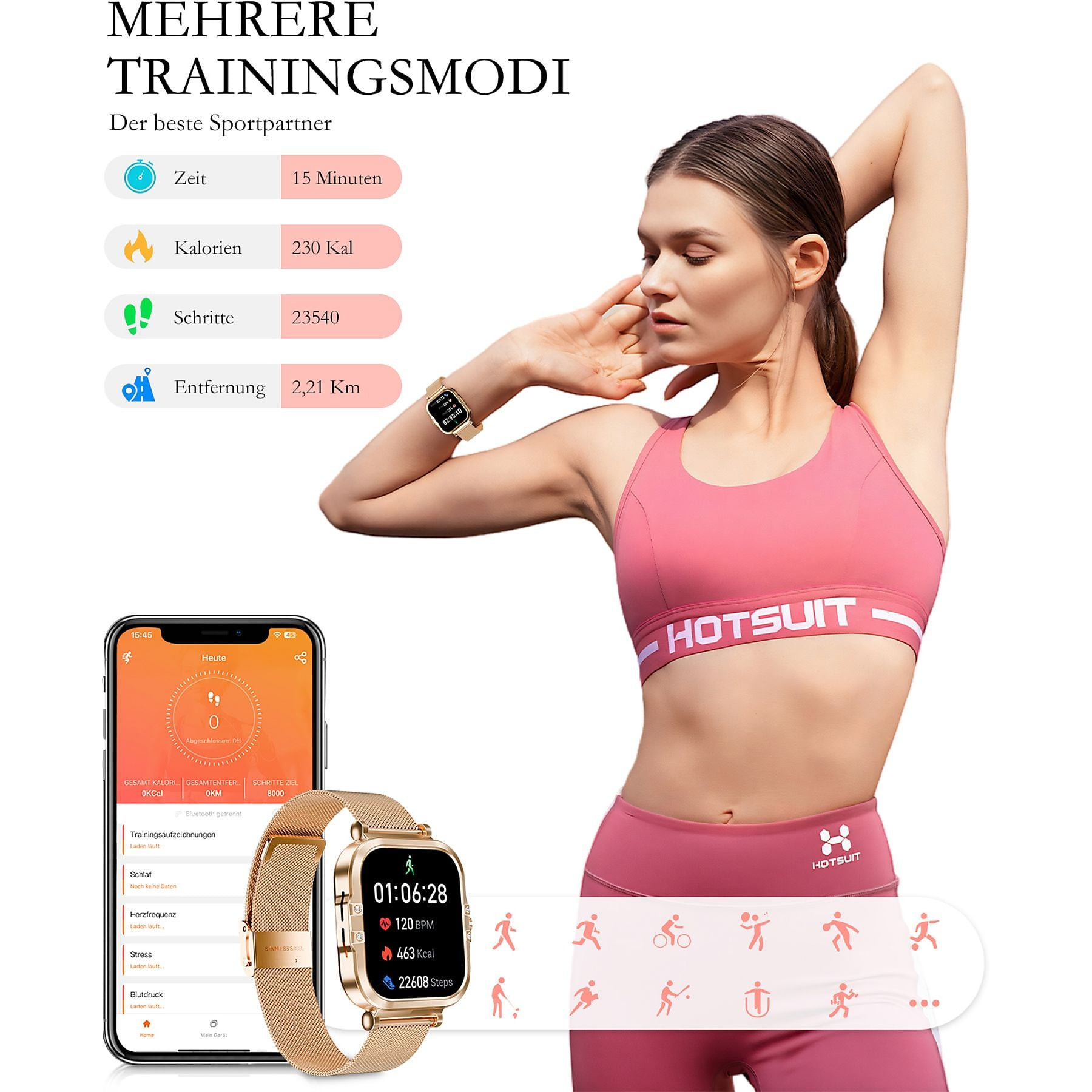 Frau in Sportkleidung mit Smartwatch und Handy, das Trainingsdaten anzeigt.