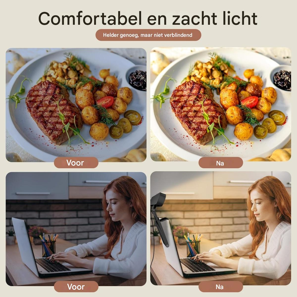 Vorher/Nachher-Vergleich von Essen und Frau am Laptop mit Lichteffekt.