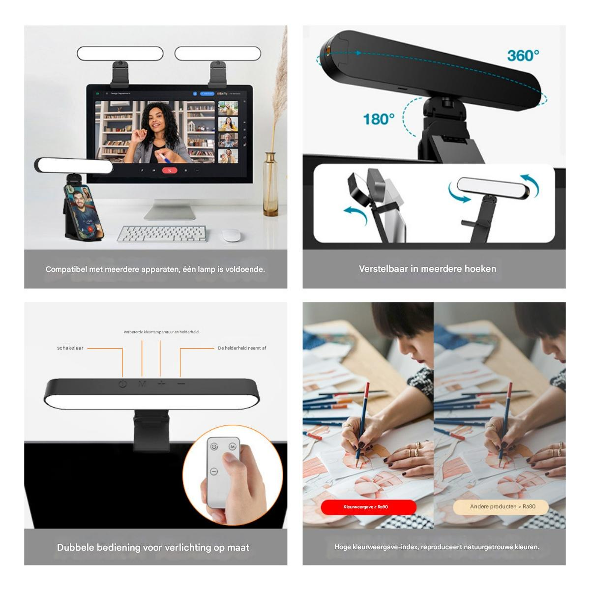 Bildschirmleuchte auf Monitor, Telefon und Fernbedienung. Winkel 180/360 Grad.