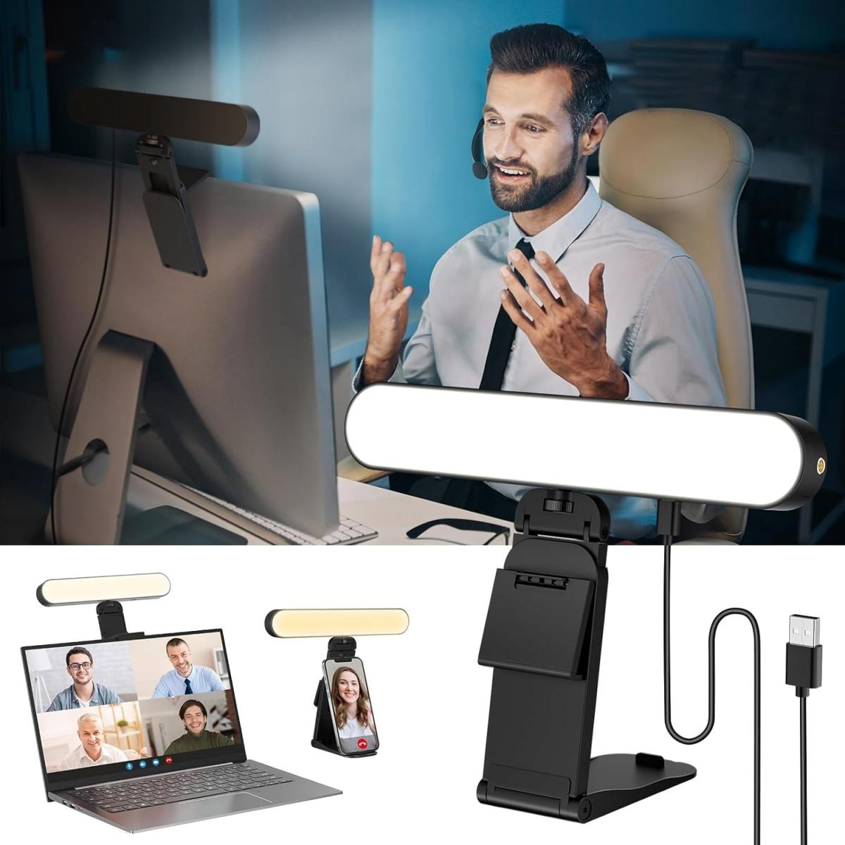 Mann im Büro mit Headset, der vor einem Computer spricht; Produktabbildungen unten.
