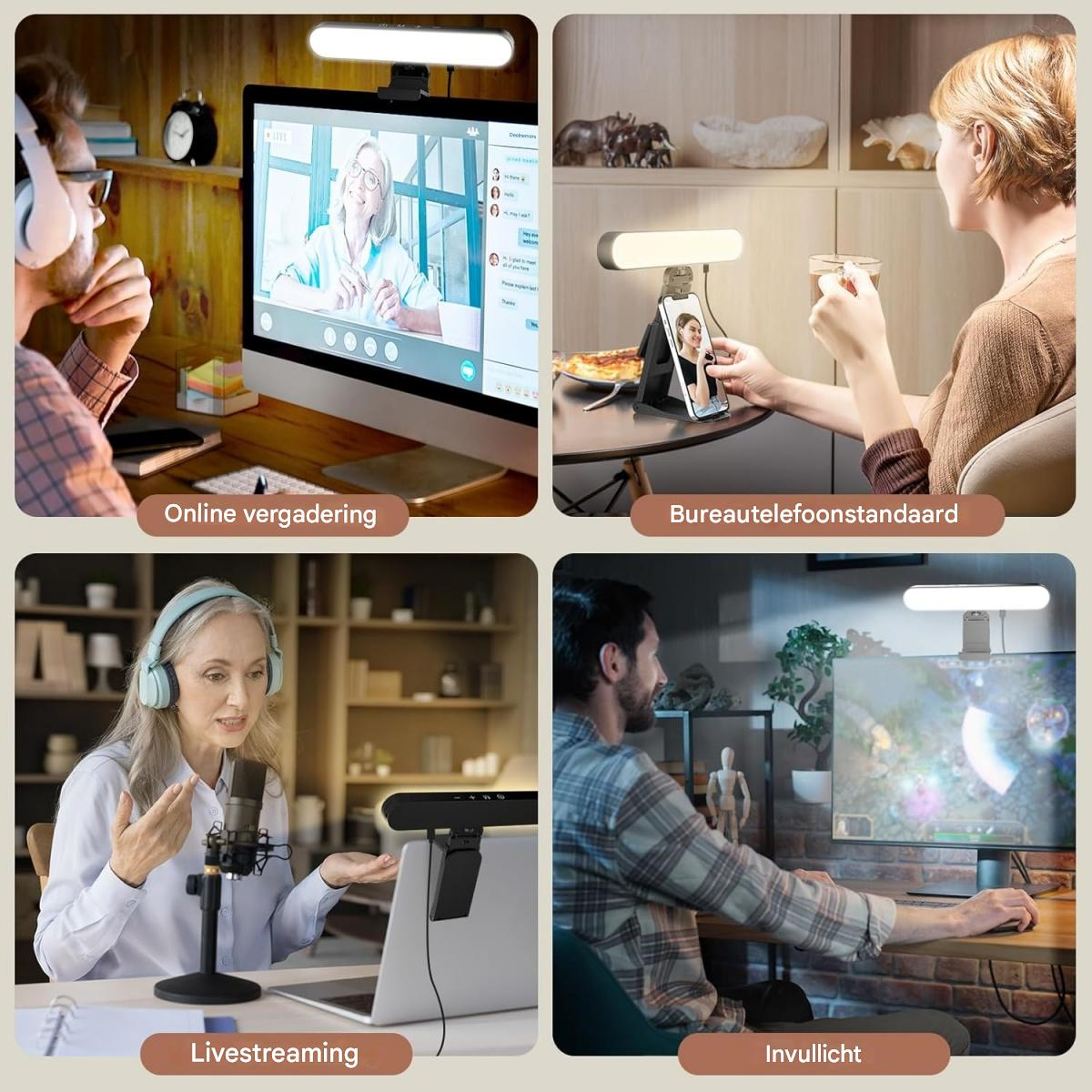 Vier Szenen: Online-Meeting, Schreibtisch-Handyständer, Livestreaming, Fülllicht.