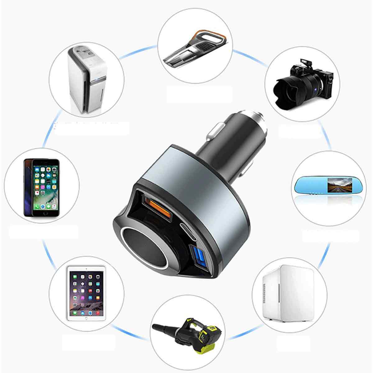 Ein Ladeadapter mit mehreren USB-Anschlüssen, umgeben von Symbolen für verschiedene Geräte.