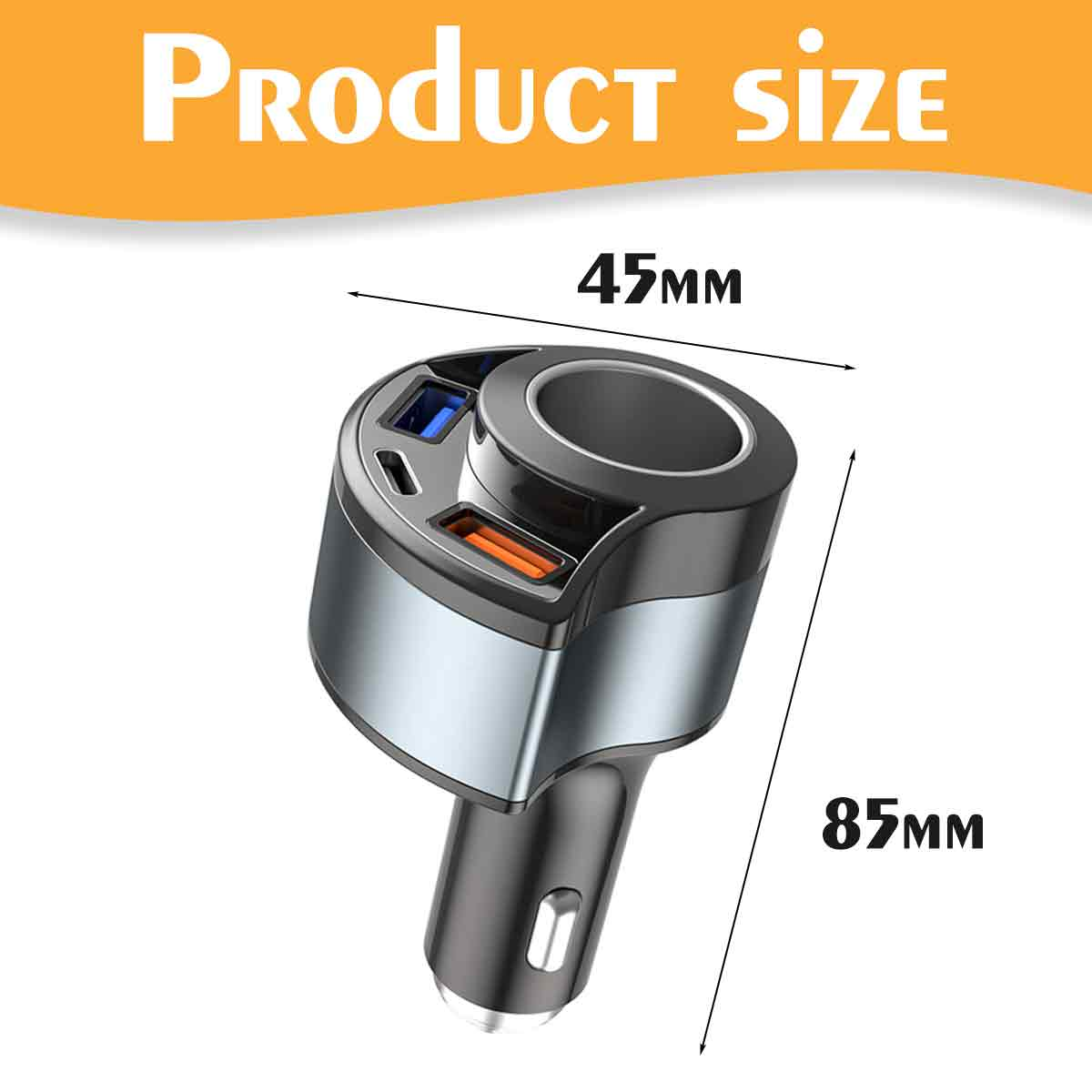 Ein schwarzer Autoladeadapter mit blauen und orangen USB-Anschlüssen. Maße: 45mm x 85mm.