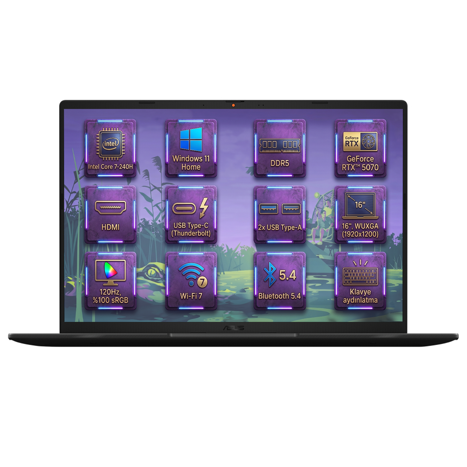 Intel Core i7, Windows 11, DDR5, RTX 5070, HDMI ikonlu dizüstü bilgisayar ekranı.