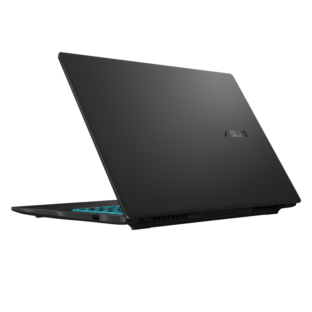 Açık kapaklı siyah Asus dizüstü bilgisayar, mavi klavyeyi ortaya çıkarıyor.