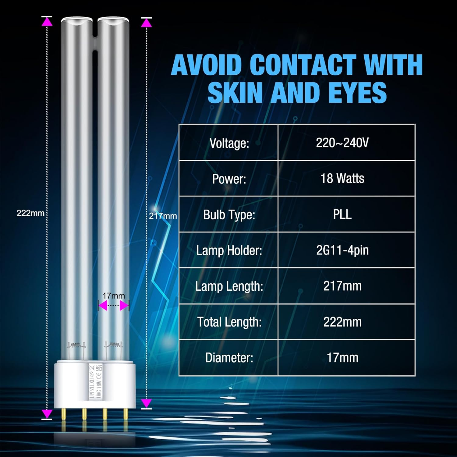 Zwei UV-Lampen mit Spezifikationen: 220-240V, 18W, PLL, 2G11-4pin.