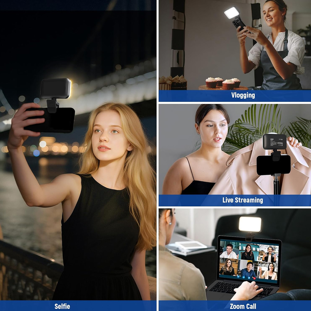 Vier Szenen zeigen eine Frau mit einem Aufstecklicht für ein Smartphone, Vlogging, Live-Streaming und Zoom-Anruf.