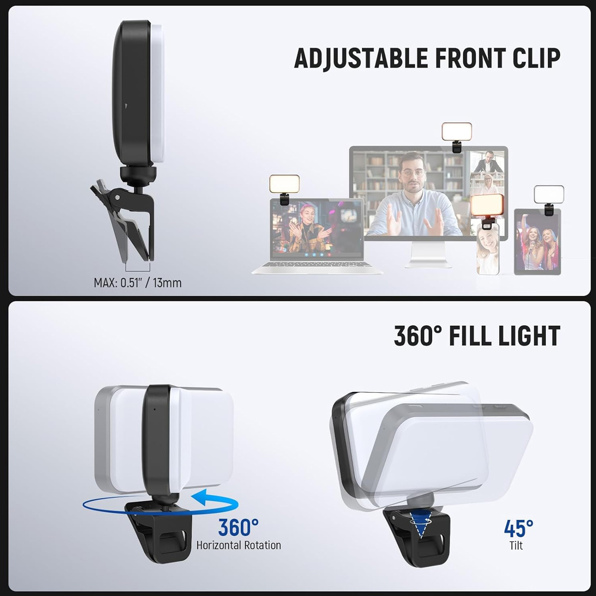 Clip-on Lichter für Laptops, Monitore und Handys, 360° drehbar.