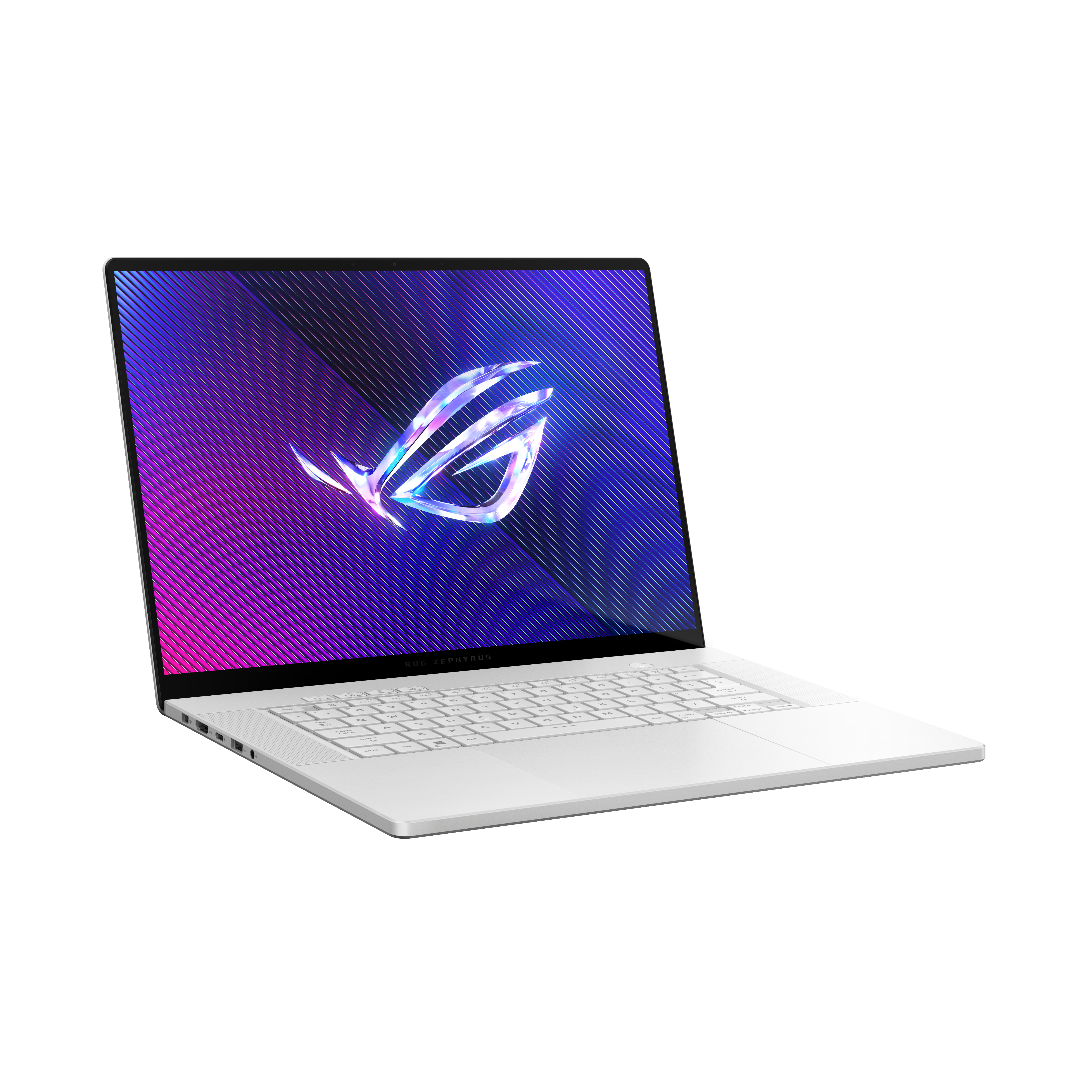 Een witte laptop met een gloeiend logo op het scherm.