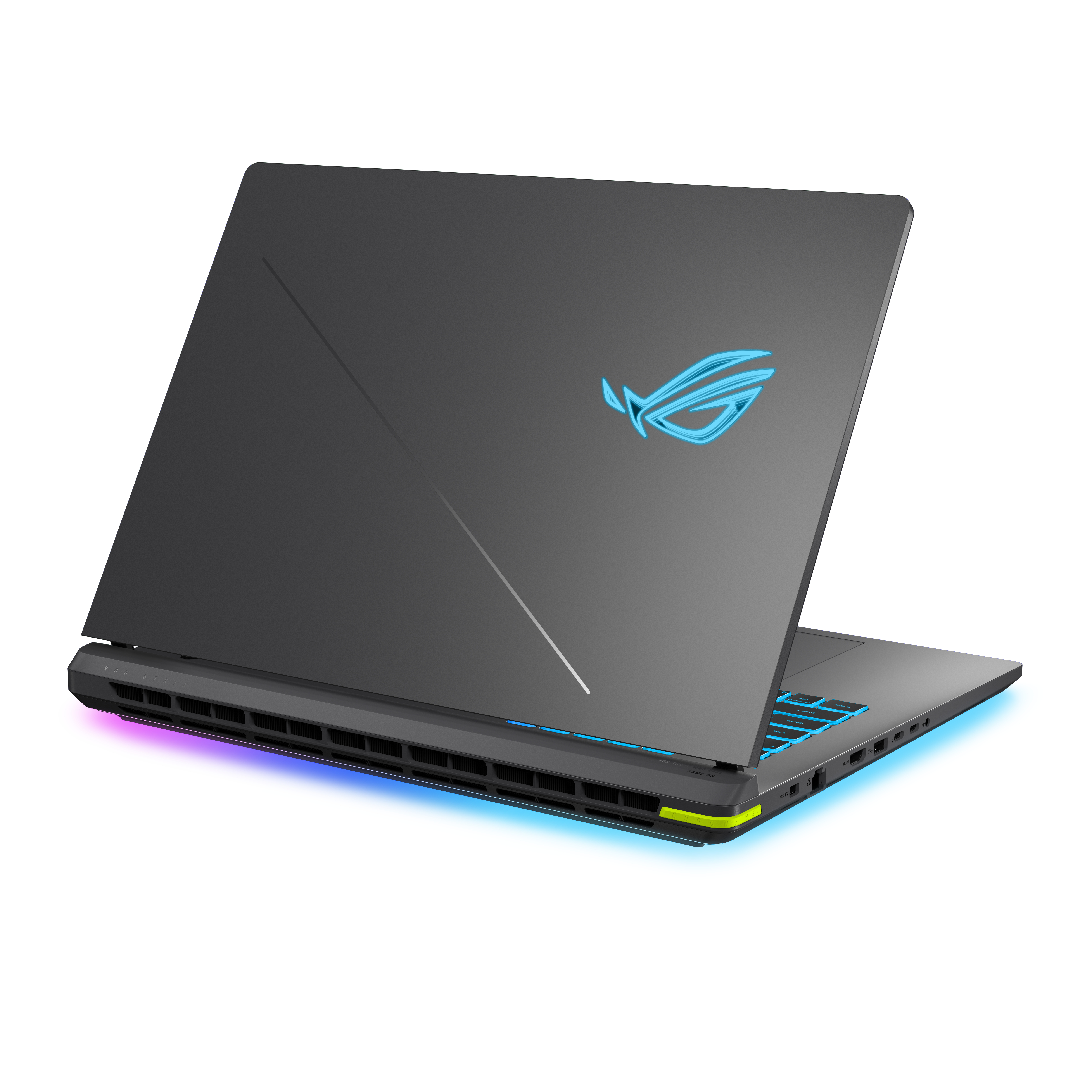 Ein schwarzer Gaming-Laptop mit blauem ROG-Logo, geöffnet mit beleuchteten Tasten.