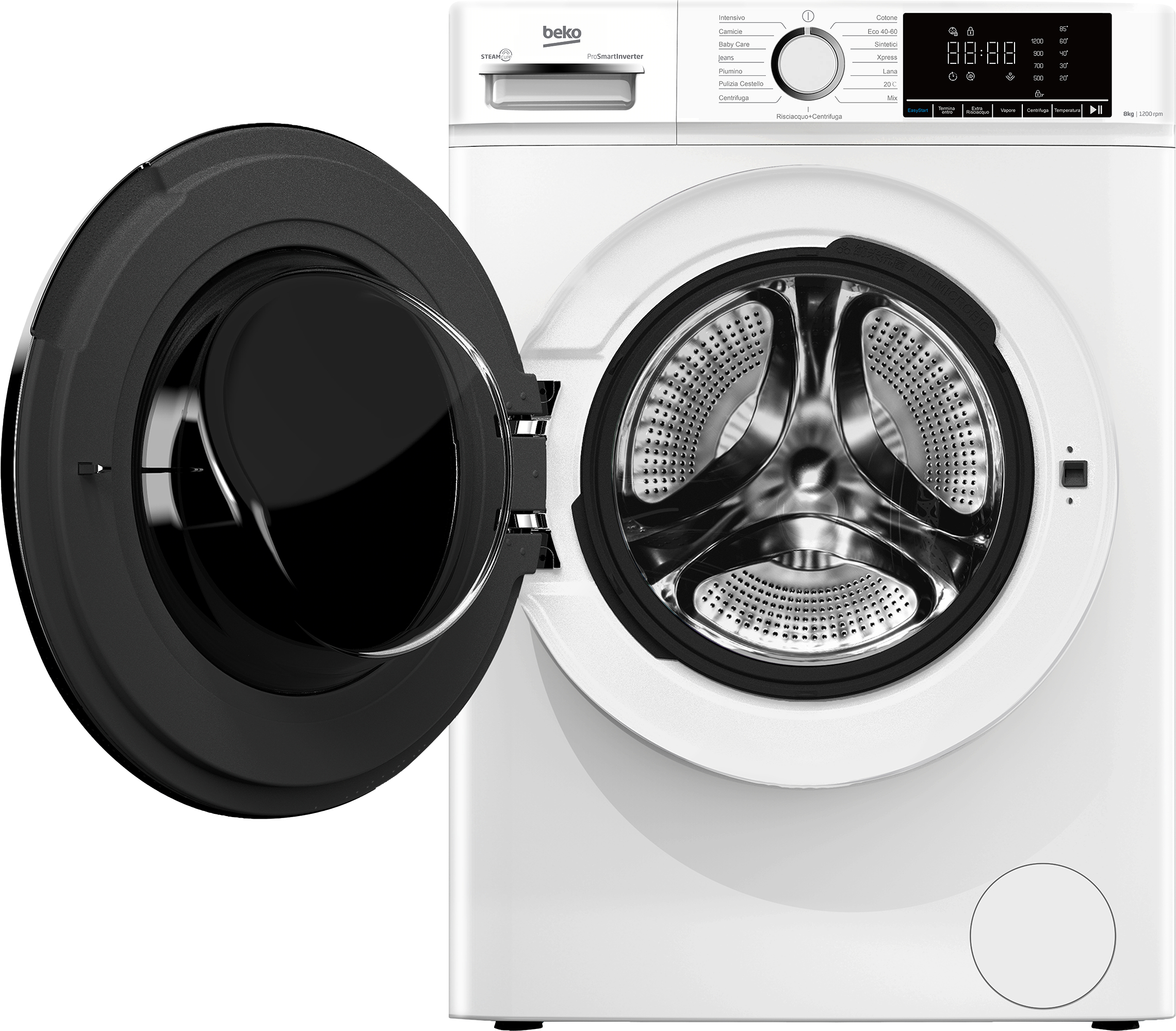 Una lavatrice bianca con porta aperta che rivela un cestello in acciaio inox. Pannello comandi mostra programmi.