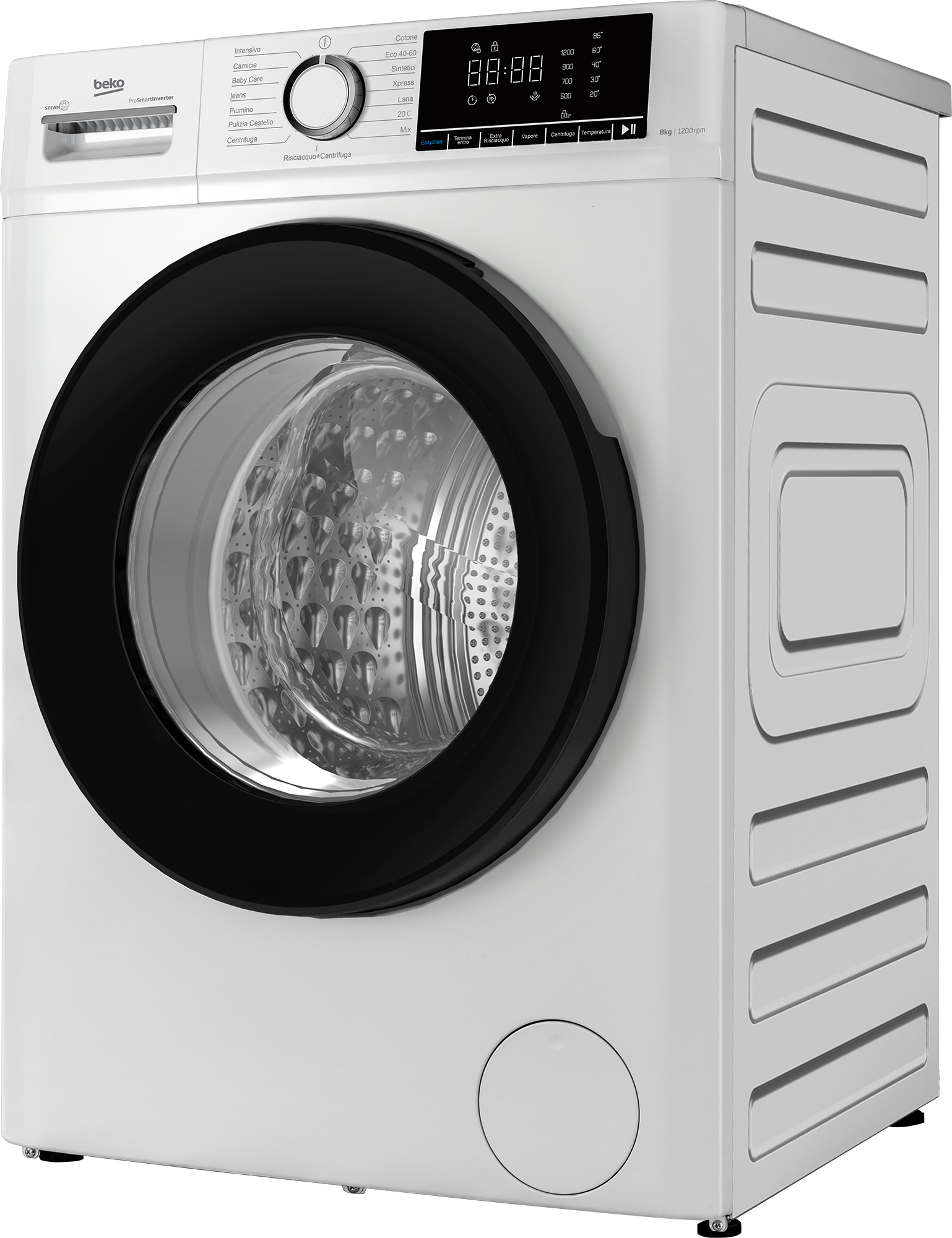 Una lavatrice Beko bianca con oblò nero e display digitale.