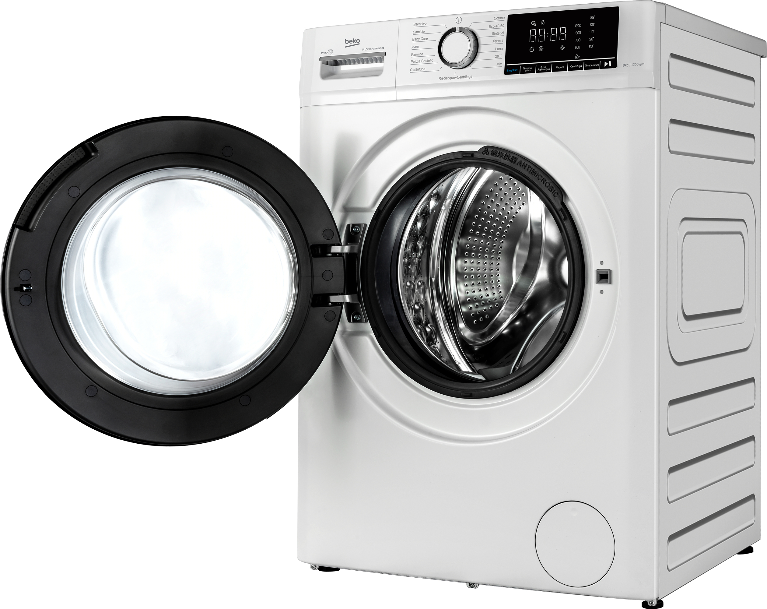 Una lavatrice Beko bianca con oblò nero aperto, che rivela il cestello.