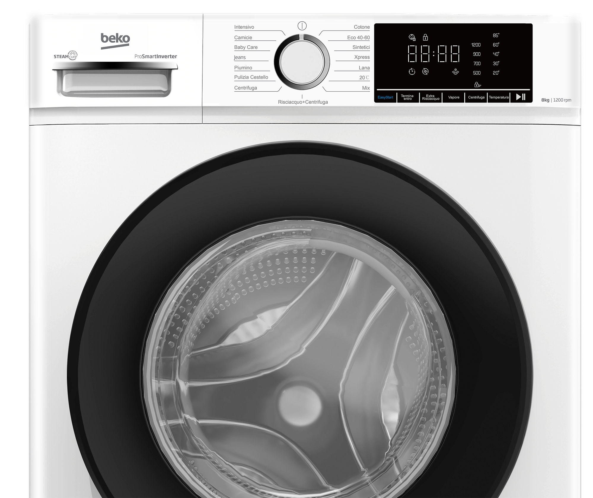 Una lavatrice Beko bianca con display digitale e selettore programmi rotondo.