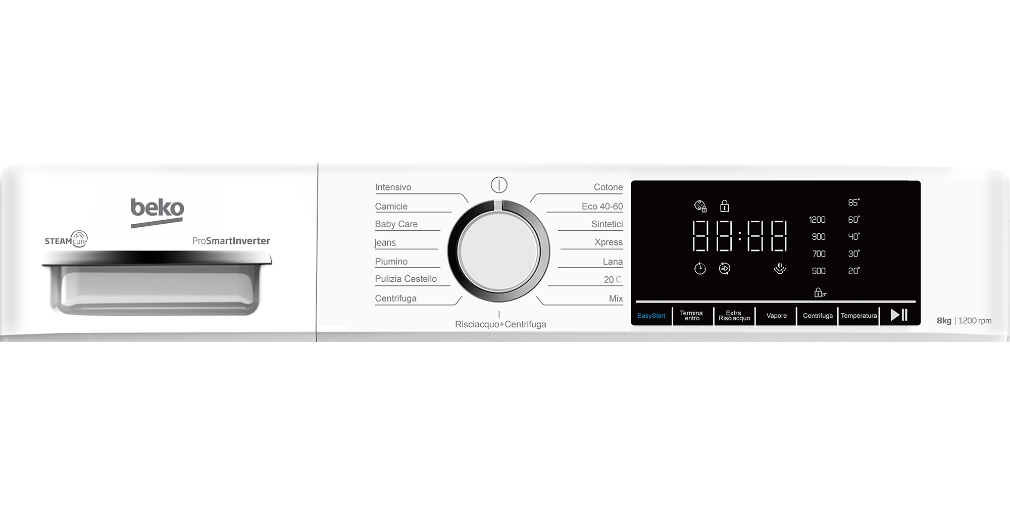 Lavatrice Beko con display digitale, selettore rotante e programmi cotone, sintetici, lana.