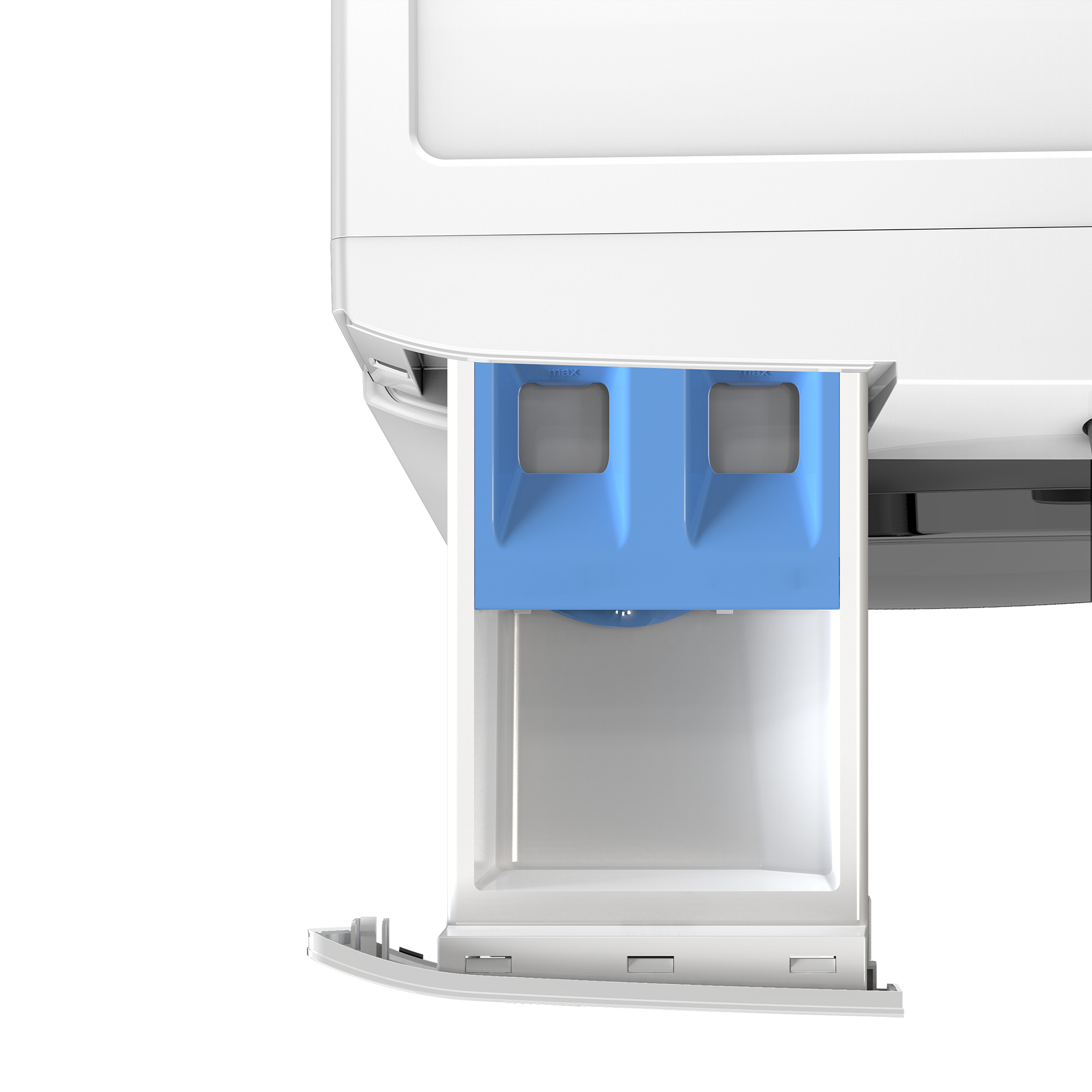 Un cassetto bianco estraibile per detersivo con due scomparti blu.