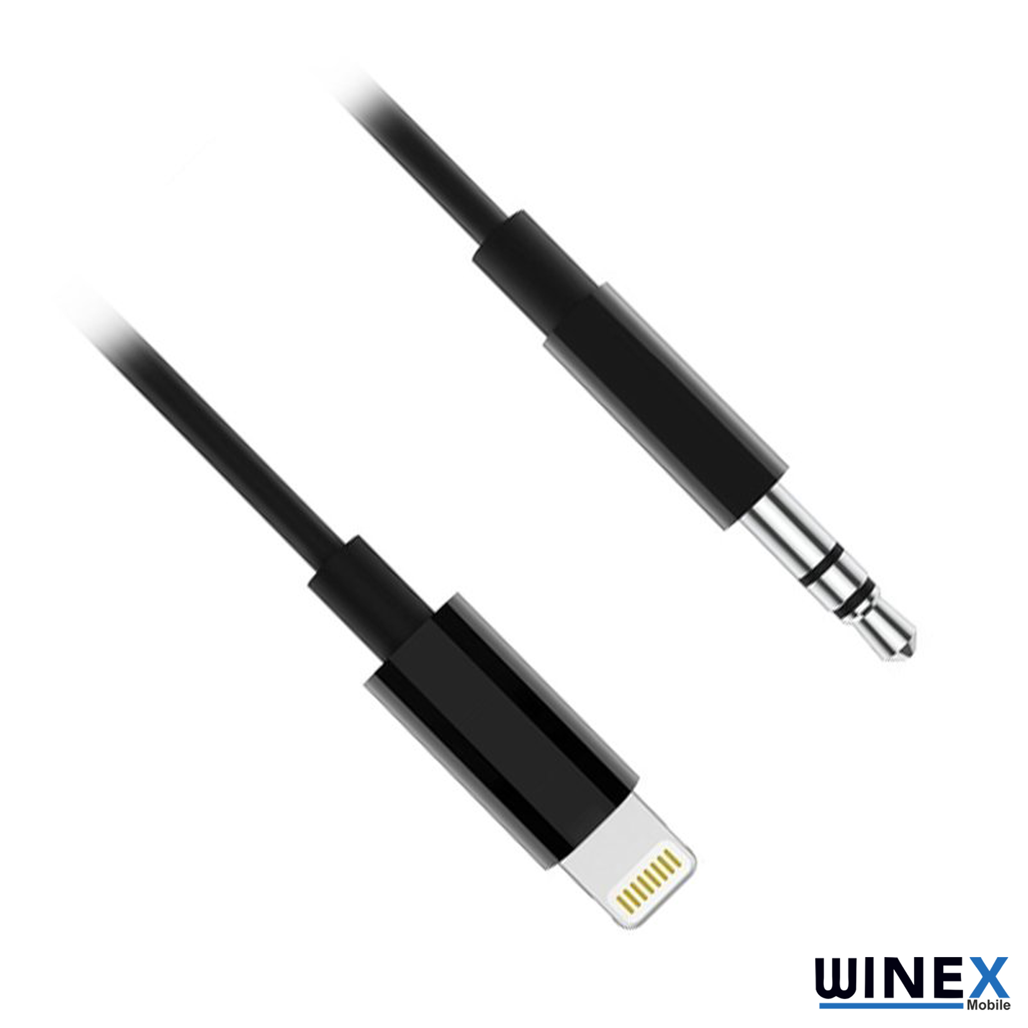 Lightning ve 3,5 mm konektörlü siyah bir kablo.