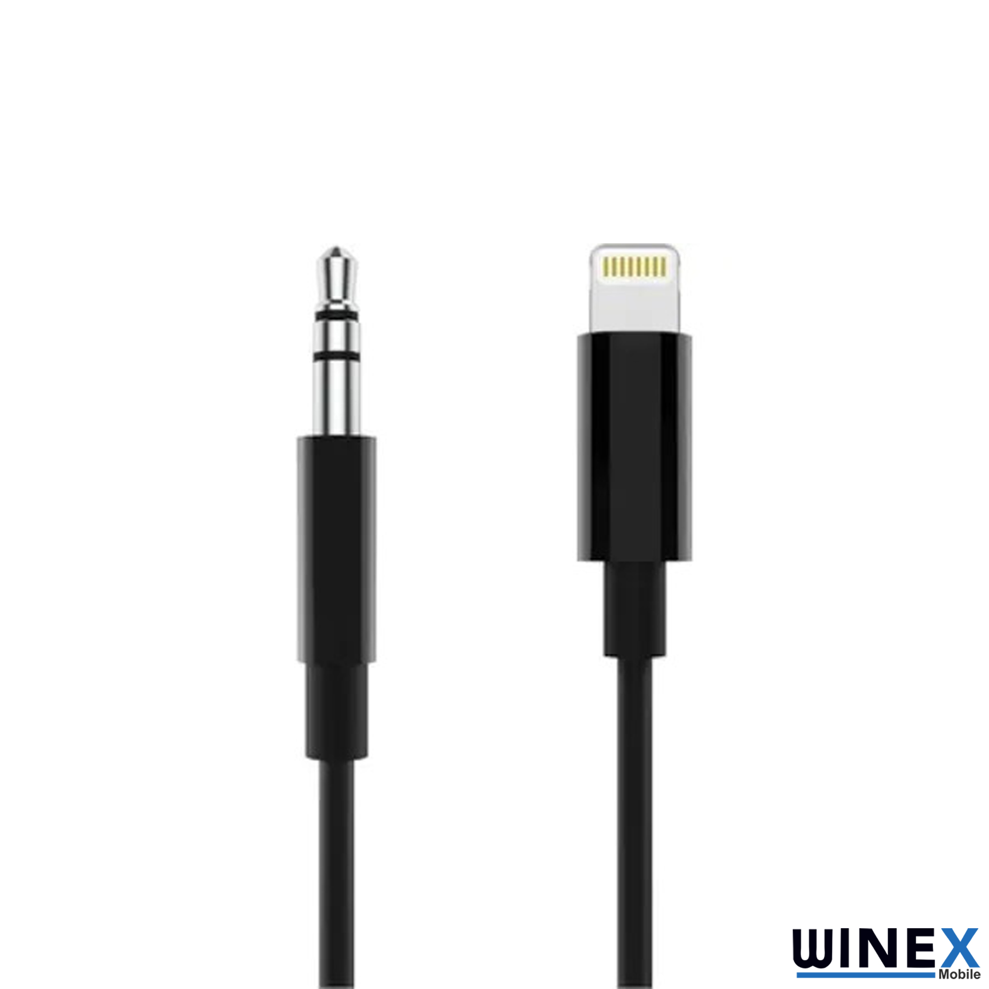 3,5 mm ses jakı ve yıldırım konektörlü siyah bir kablo.