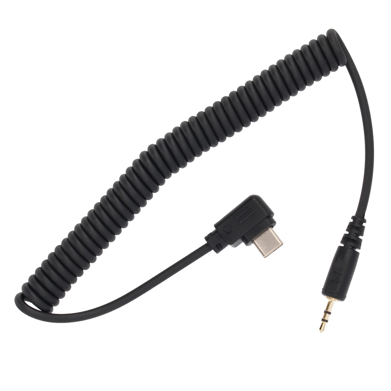 Schwarzes Spiralkabel mit USB-C und 3,5-mm-Klinkenanschluss.