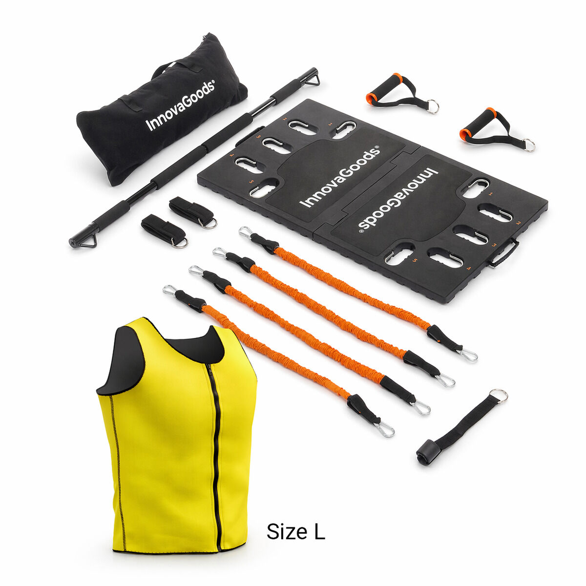 Fitnessgeräte: gelbe Weste, schwarzes Brett, orange Widerstandsbänder, Griffe, Tasche.